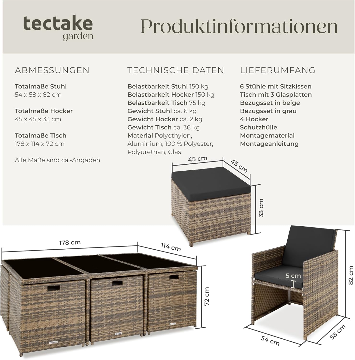 Thumbnail 6 de tectake® Polyrattan Gartenmöbel Set: Lounge-Set mit 6 Stühlen, Glas-Tischplatte und 4 Hockern – klappbar, Aluminium-Gestell, inkl. 2 Bezugssets (Natur)