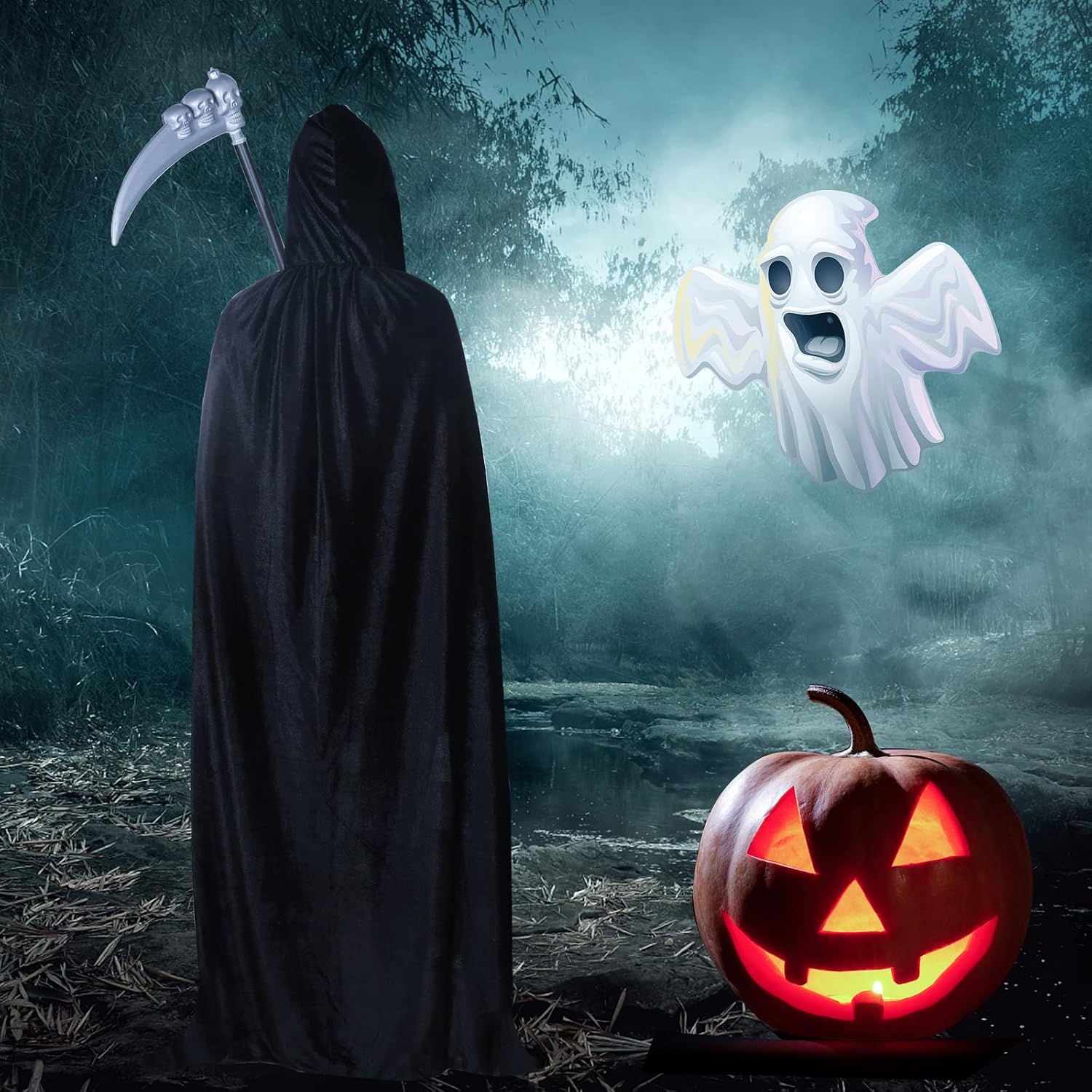 Thumbnail 6 de BILLMOSS BM-TY-HL06 Grim Reaper Costume with Velvet Cloak, Skull Mask & Scythe