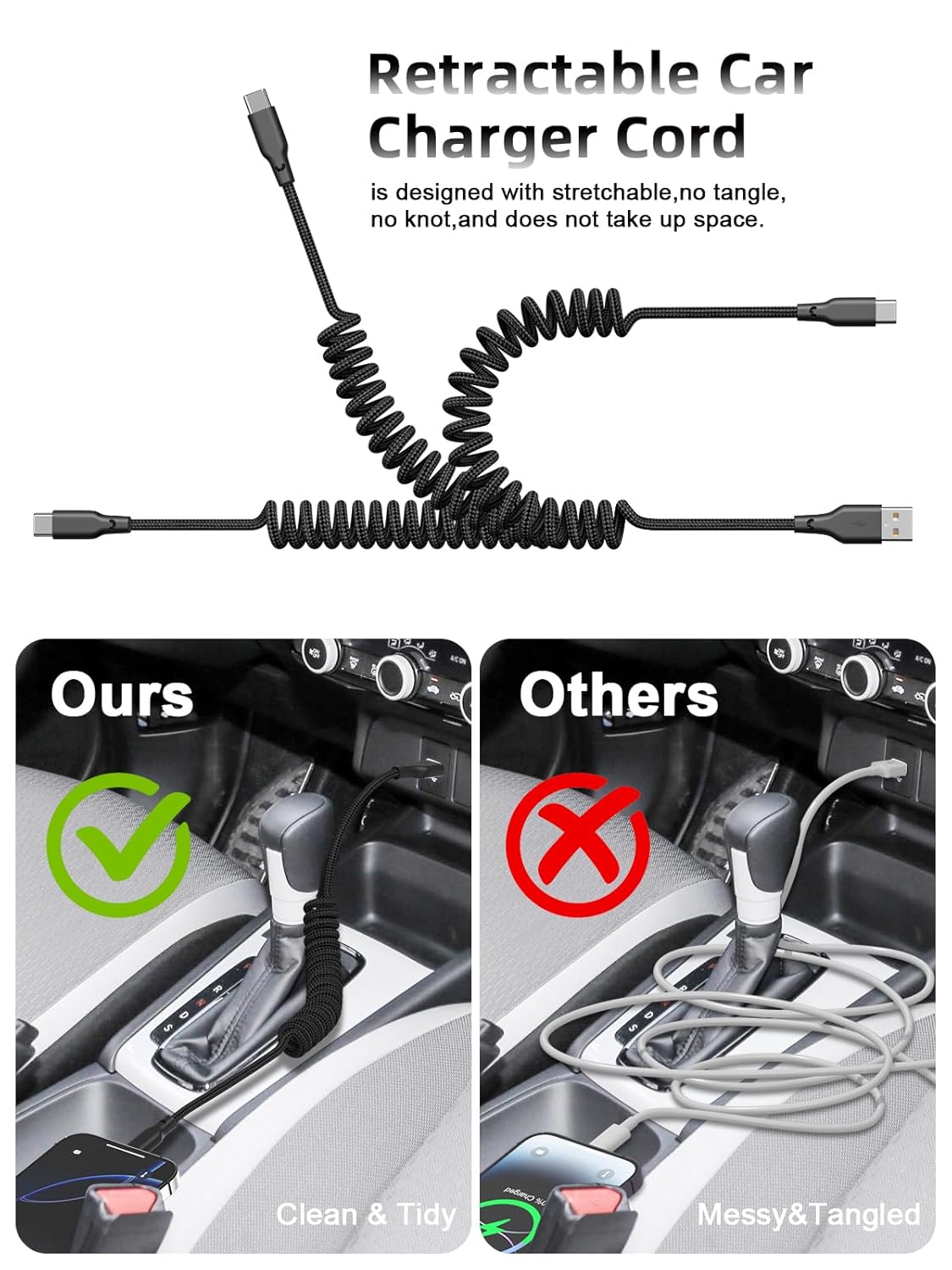 Detalle 2 de Quickeep Car Carplay Cable 3ft Coiled USB A to C