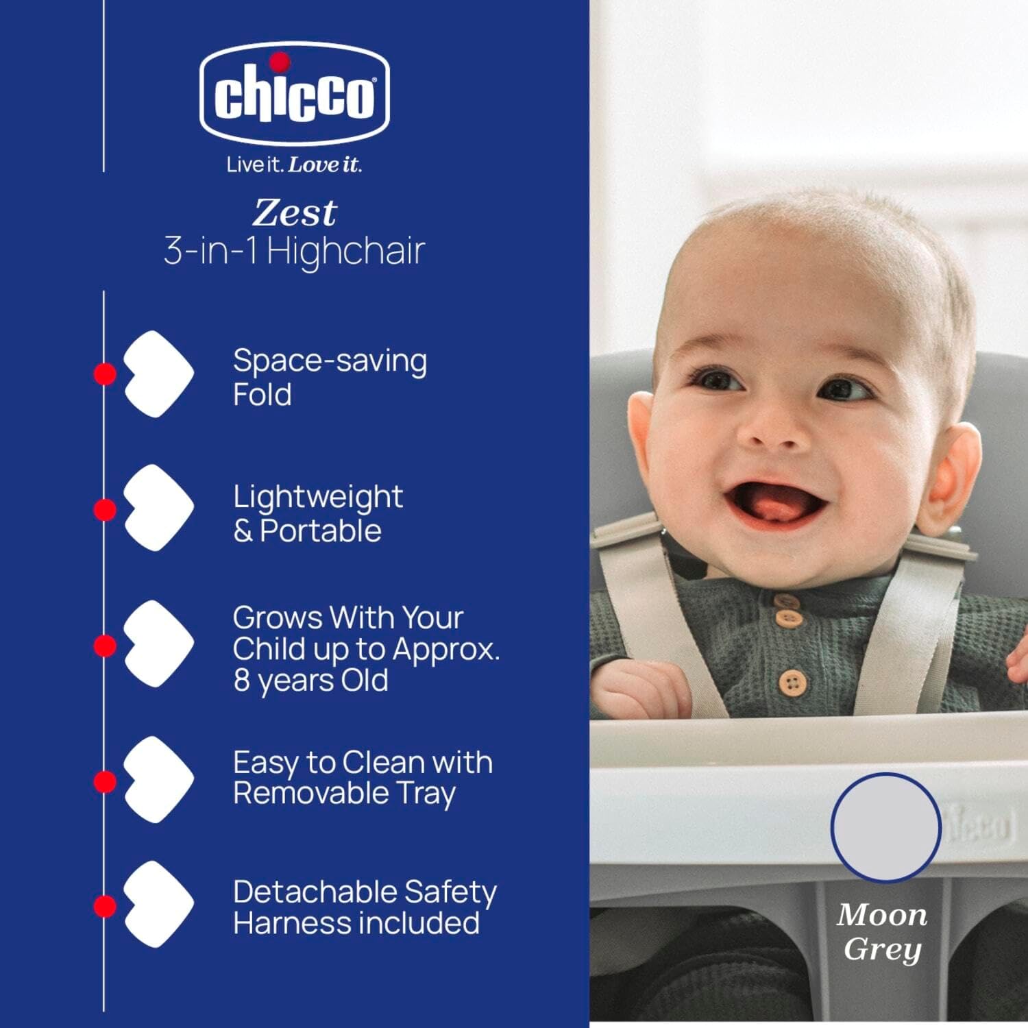 Thumbnail 1 de Chicco Zest 3-in-1 Folding Highchair (Moon Grey) – grows with your child