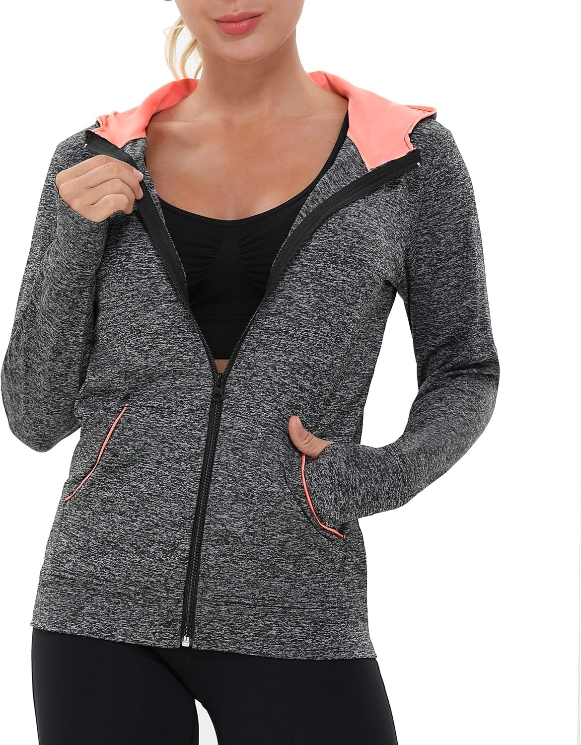 Thumbnail 5 de AMZSPORT Damen Laufjacke mit Kapuze, durchgehender Reißverschluss & Daumenlöchern für Training, Yoga & Fitness