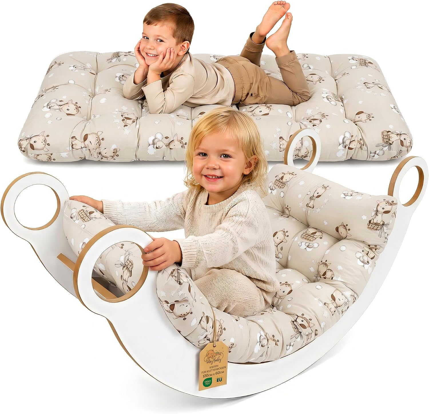 Detalle de Totsy Baby Montessori-boogkussen 60 x 120 cm, omkeerbaar vloermatras met giraffen