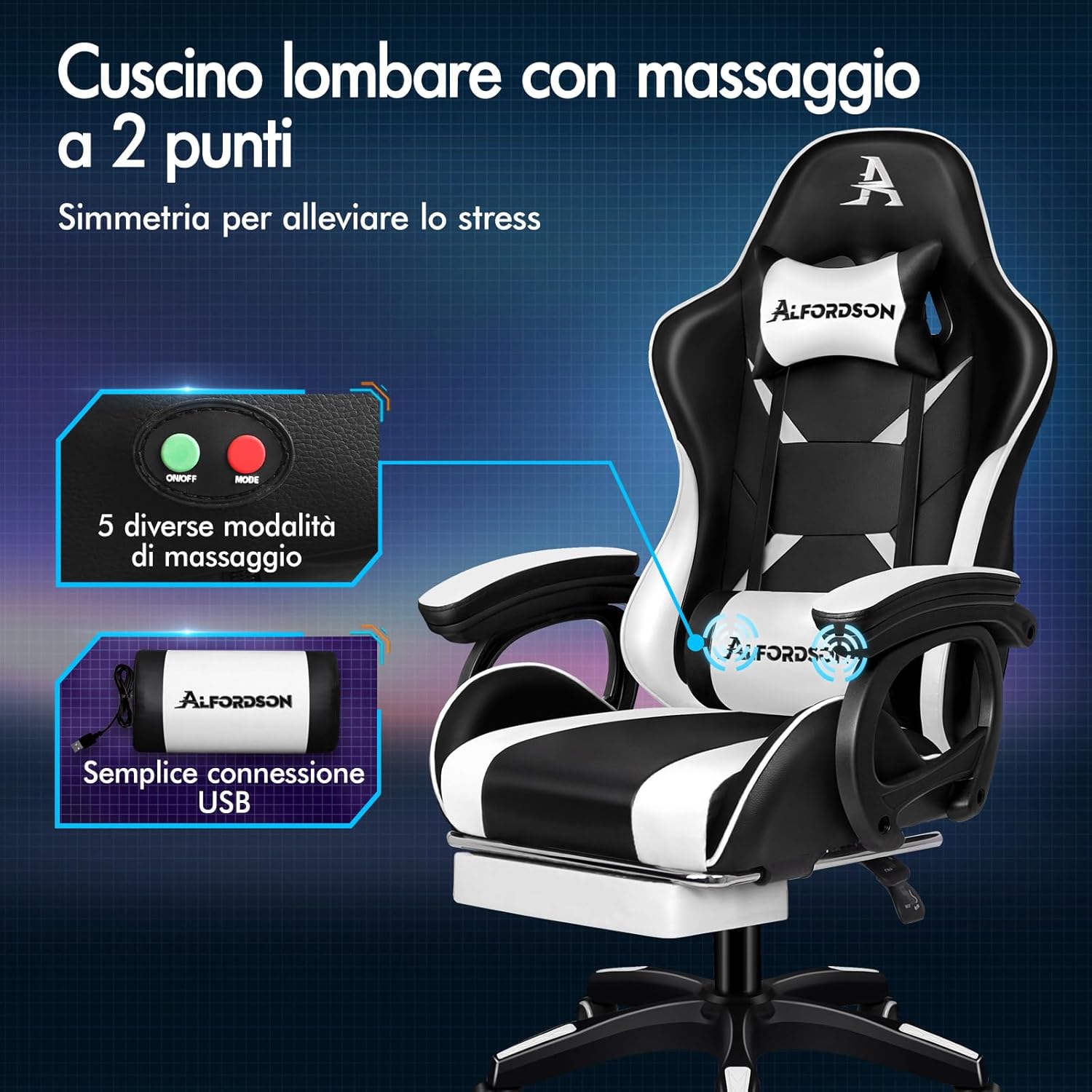 Detalle de ALFORDSON Sedia da Gaming Massaggiante con Poggiapiedi Telescopico e Supporto Lombare – Ergonomica, Bianca