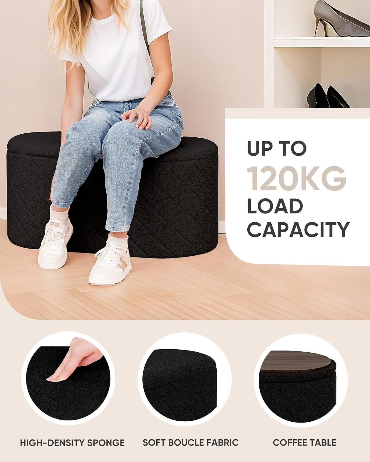 Thumbnail 5 de Bonlife Oval Ottoman with Storage Bench (Boucle) – Black, 76x38x38cm