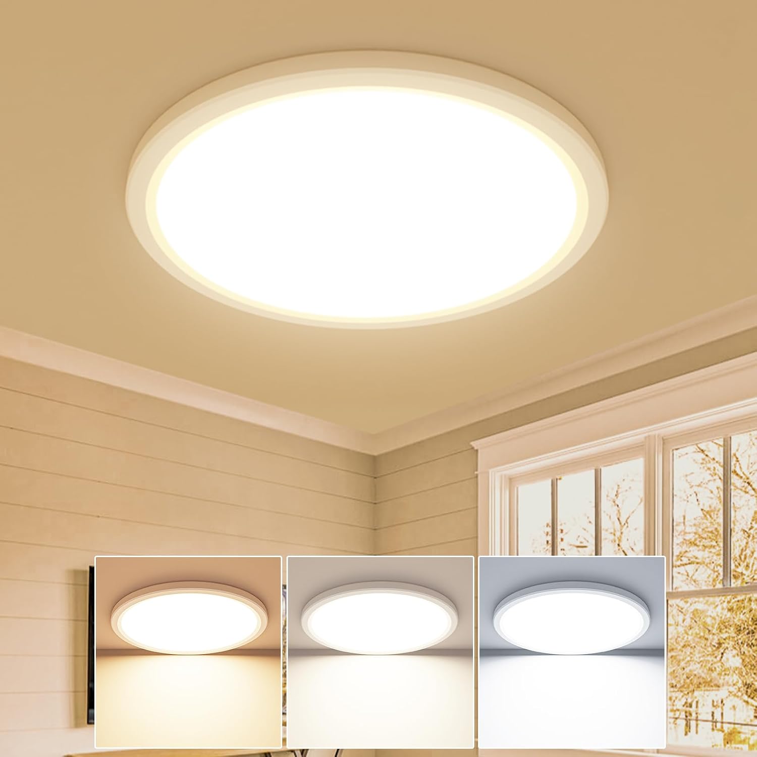 Detalle de slochi LED-Deckenleuchte flach 18W, Ø22 cm, 3 Lichtfarben (3000/4000/6500 K) – IP44 für Bad & Flur