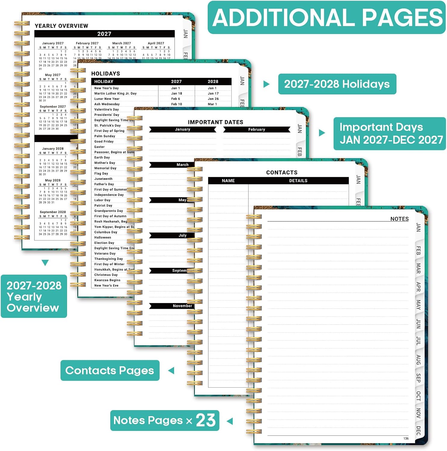 Detalle 2 de JEJEGO J003-2627F-A5-E 2027 Weekly and Monthly Planner, Hardcover, Spiral-Bound