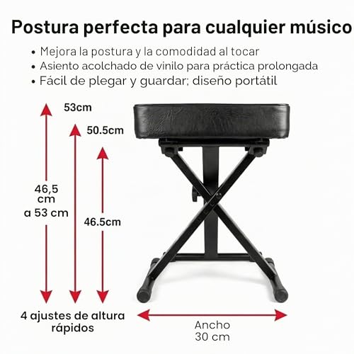 Detalle de RockJam Banco de Piano Ajustable con Asiento Acolchado y Marco de Acero