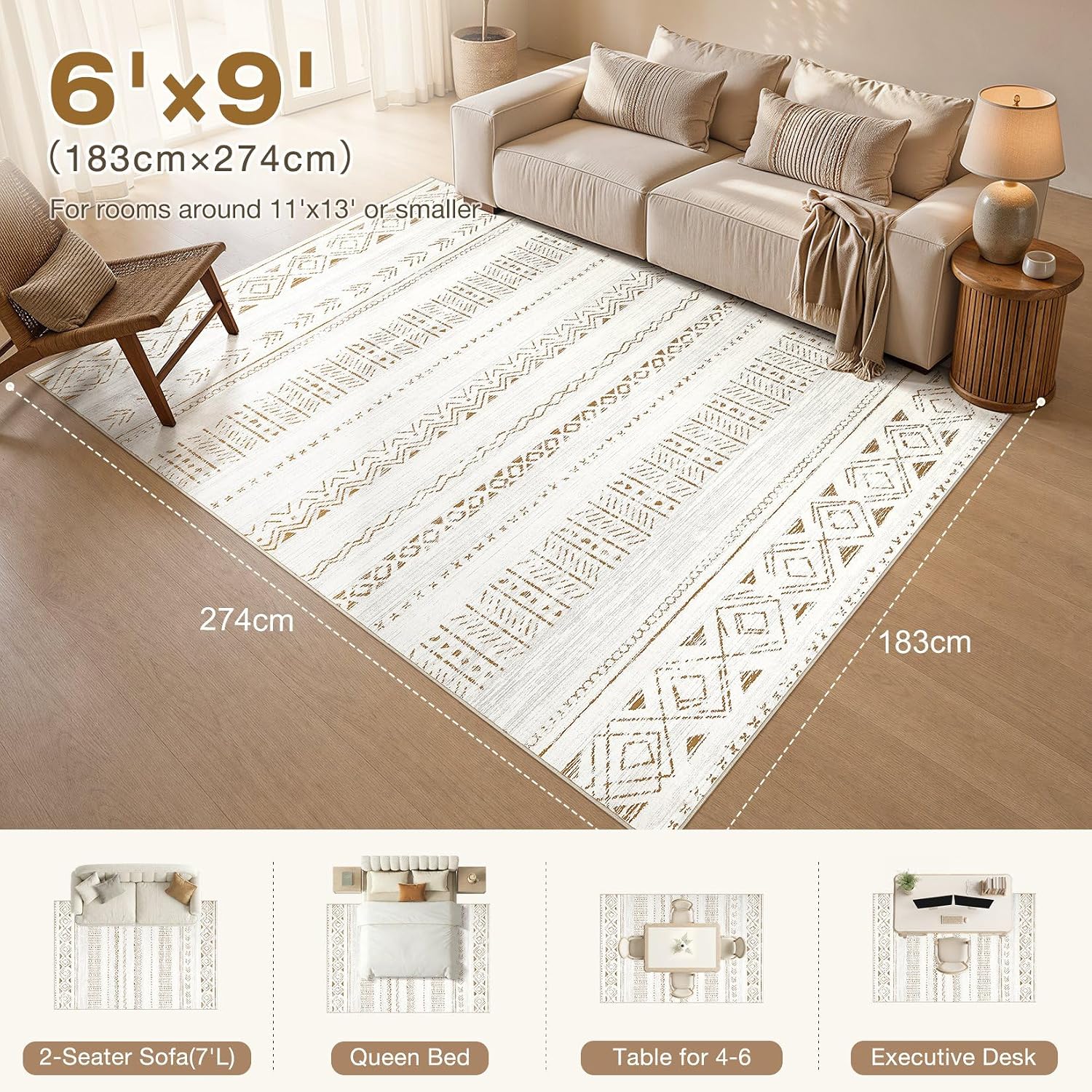 Detalle 2 de cotiled 6x9 Boho Washable Area Rug for Living Room (L Brown/Cream) — Non-Slip, Stain-Resistant