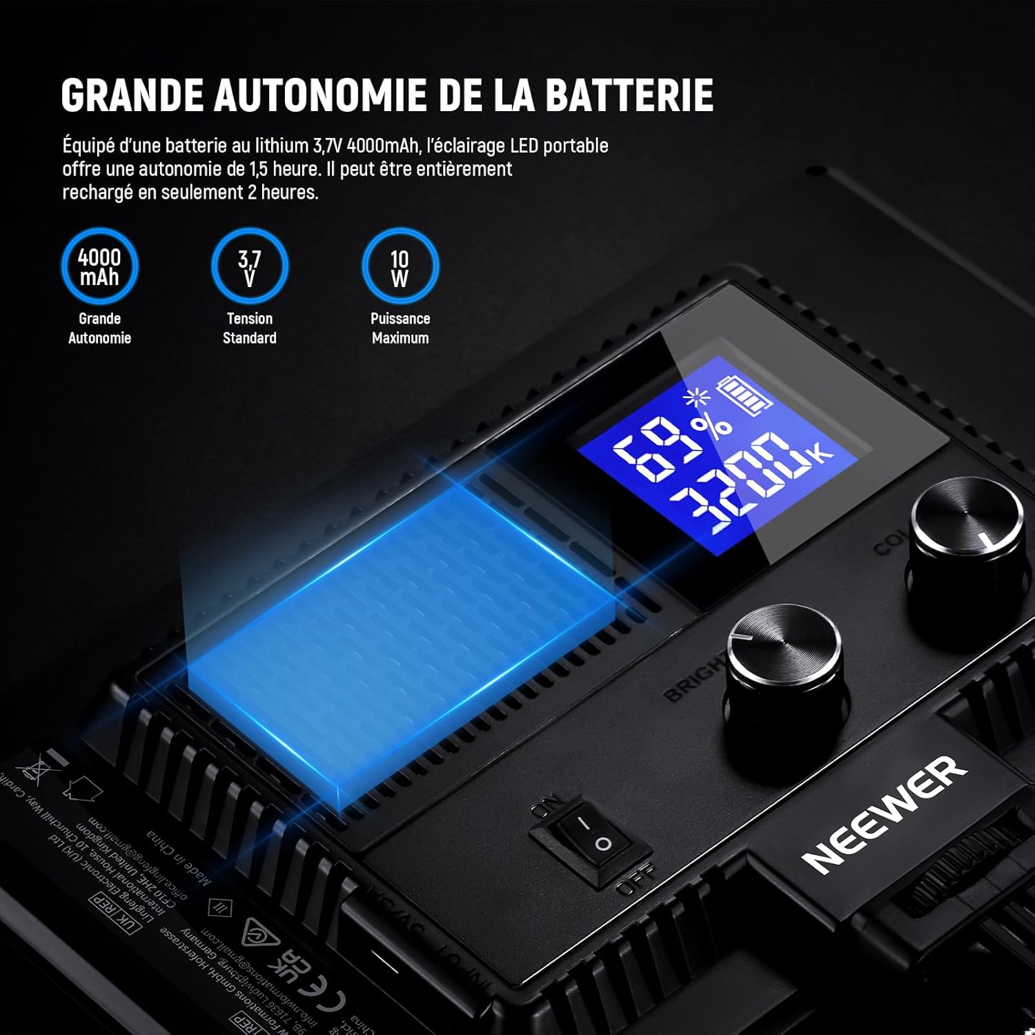 Detalle 2 de NEEWER Panneau LED 9'' NL-116AI pour caméra, 4000 mAh USB-C, température 3200K-5600K et intensité variable