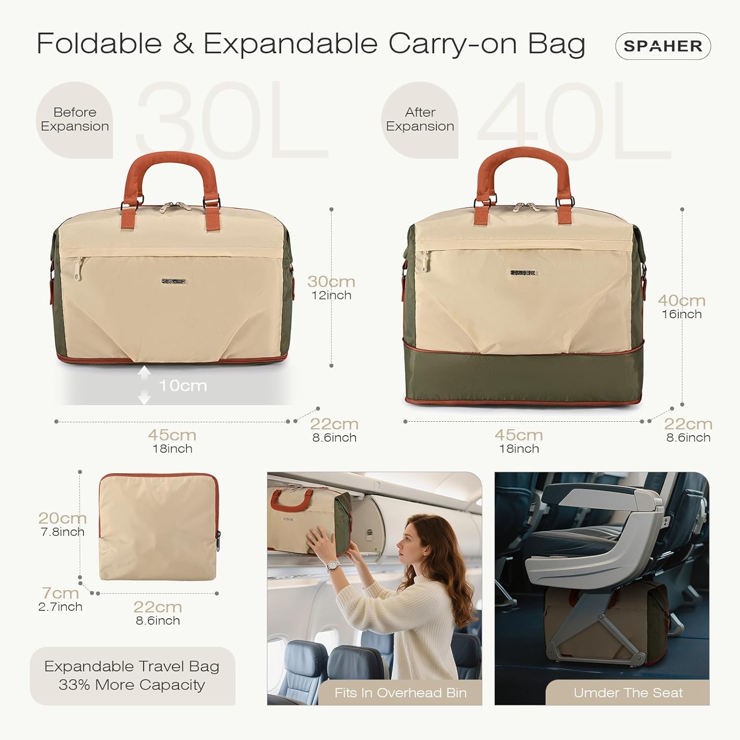 Detalle 2 de SPAHER Expandable Foldable Travel Cabin Duffle Bag with Wet Pocket 40L