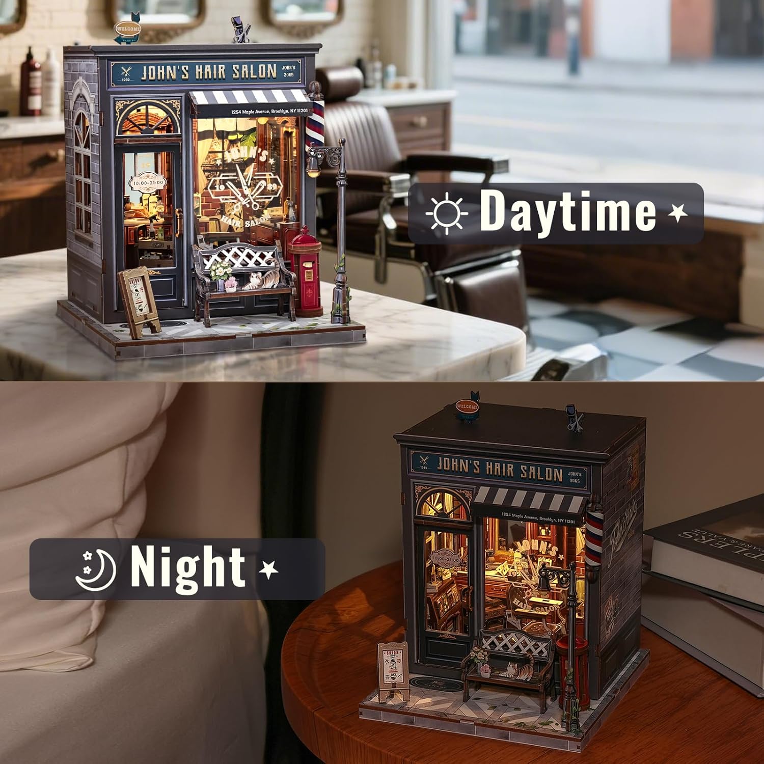 Thumbnail 3 de CUTEBEE Book Nook Kit „John's Hair Salon“ – Miniatur-Puppenhaus mit LED-Beleuchtung & 3D-Holz-Puzzle