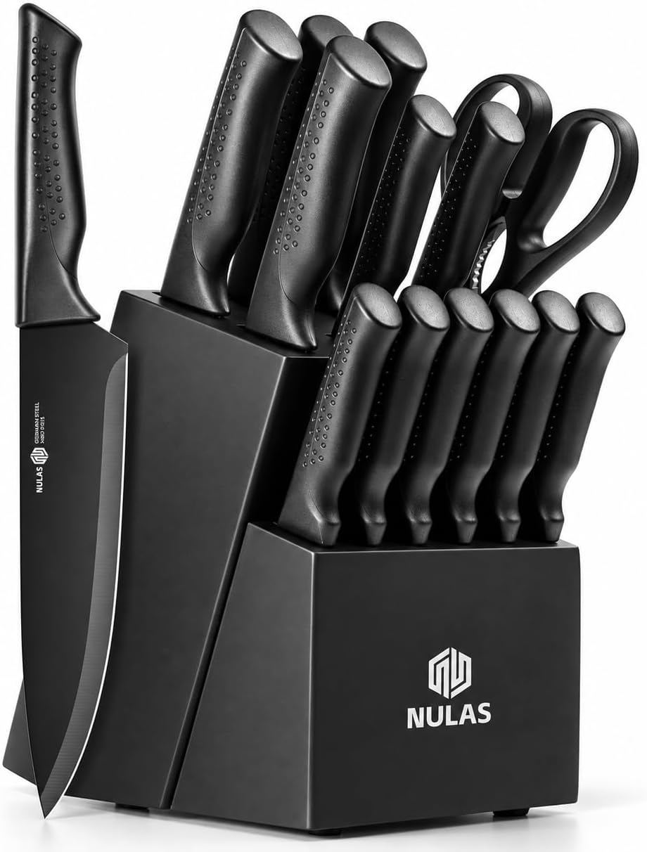 Detalle de NULAS GD-20 15-Piece Kitchen Knife Set with Block and Built-In Sharpener
