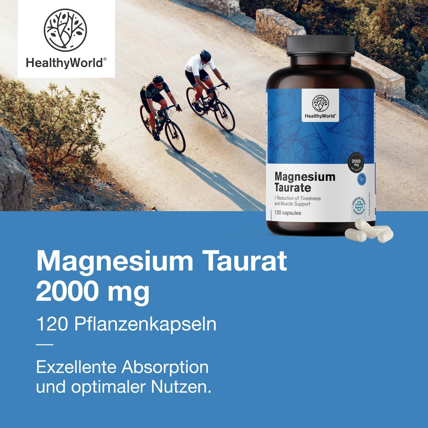Thumbnail 4 de HealthyWorld Magnesium Taurat 2000 mg – Pflanzliche Kapseln, 120 Stück
