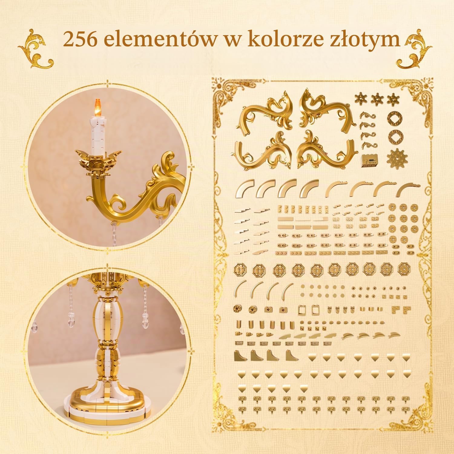 Detalle 1 de PAN TASY Rokokowy świecznik z klocków, złoty kandelabr z podświetleniem