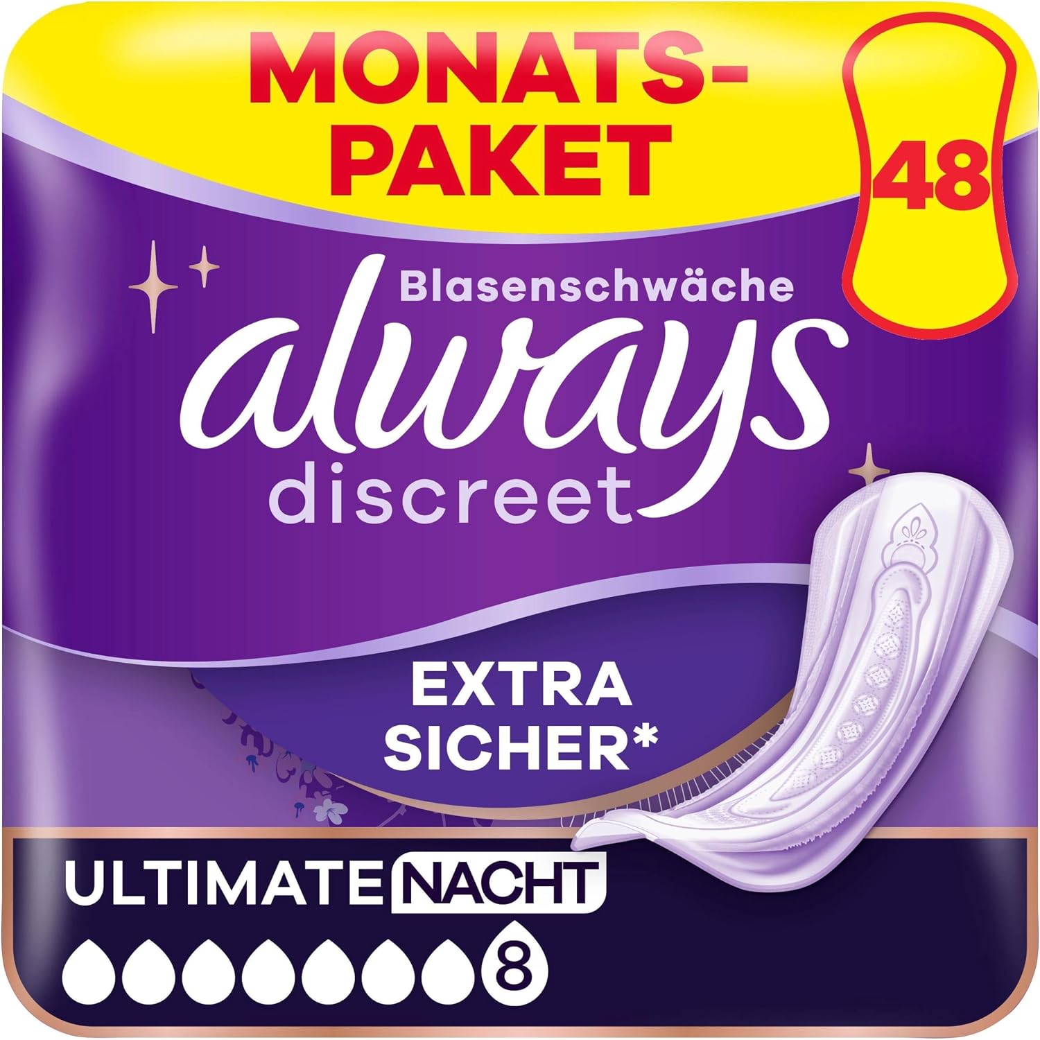 Detalle de Always Discreet Inkontinenzeinlagen Ultimate Nacht für Frauen – 48 Stück, Extra Sicher & Diskret