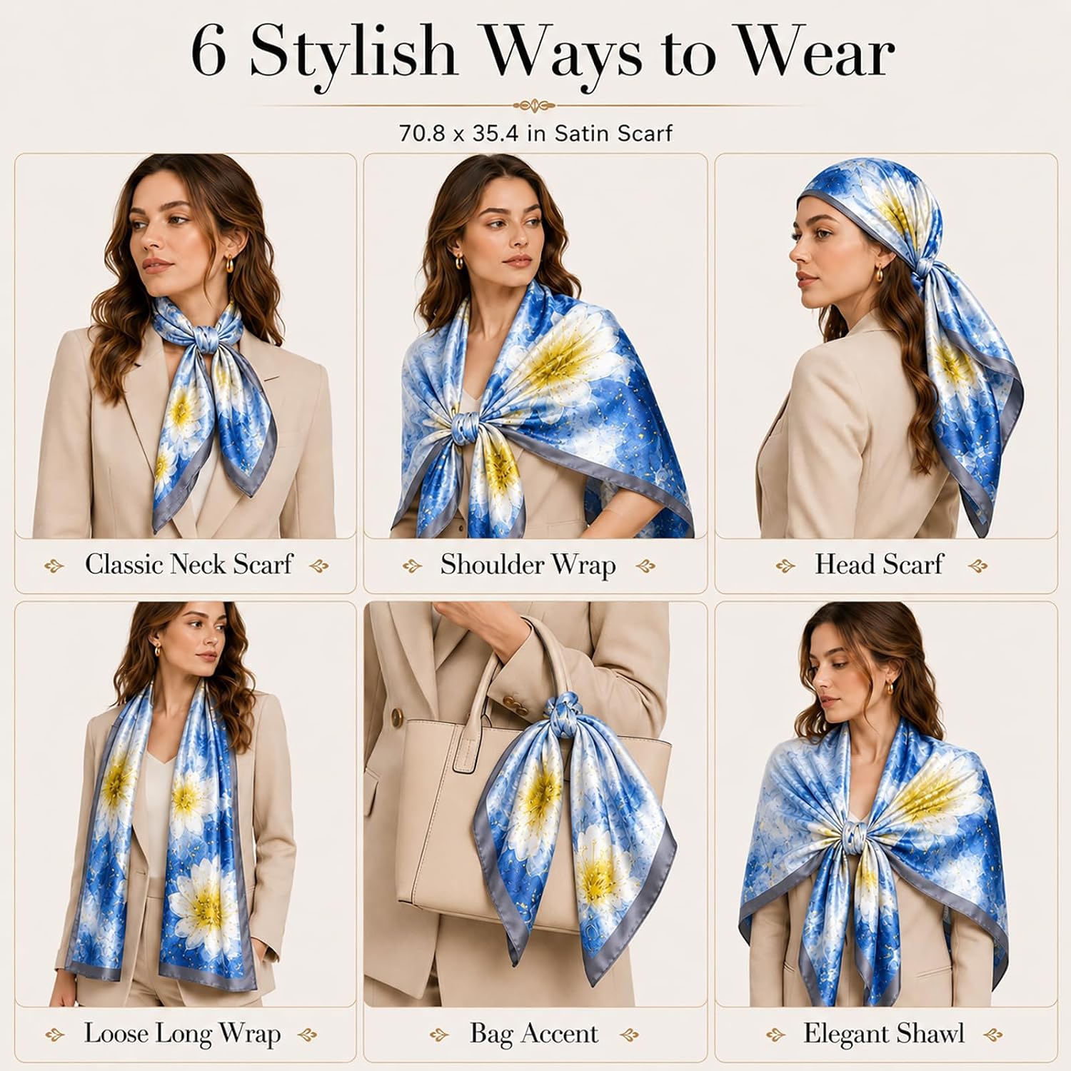 Detalle de FAIRYGATE Satin Scarf: Silky Long Scarves for Women – 180 cm x 90 cm