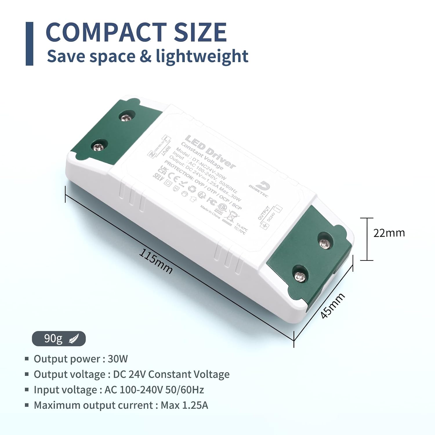 Detalle 2 de DUSKTEC 24V LED Driver 30W constant voltage transformer (240V AC to 24V DC)
