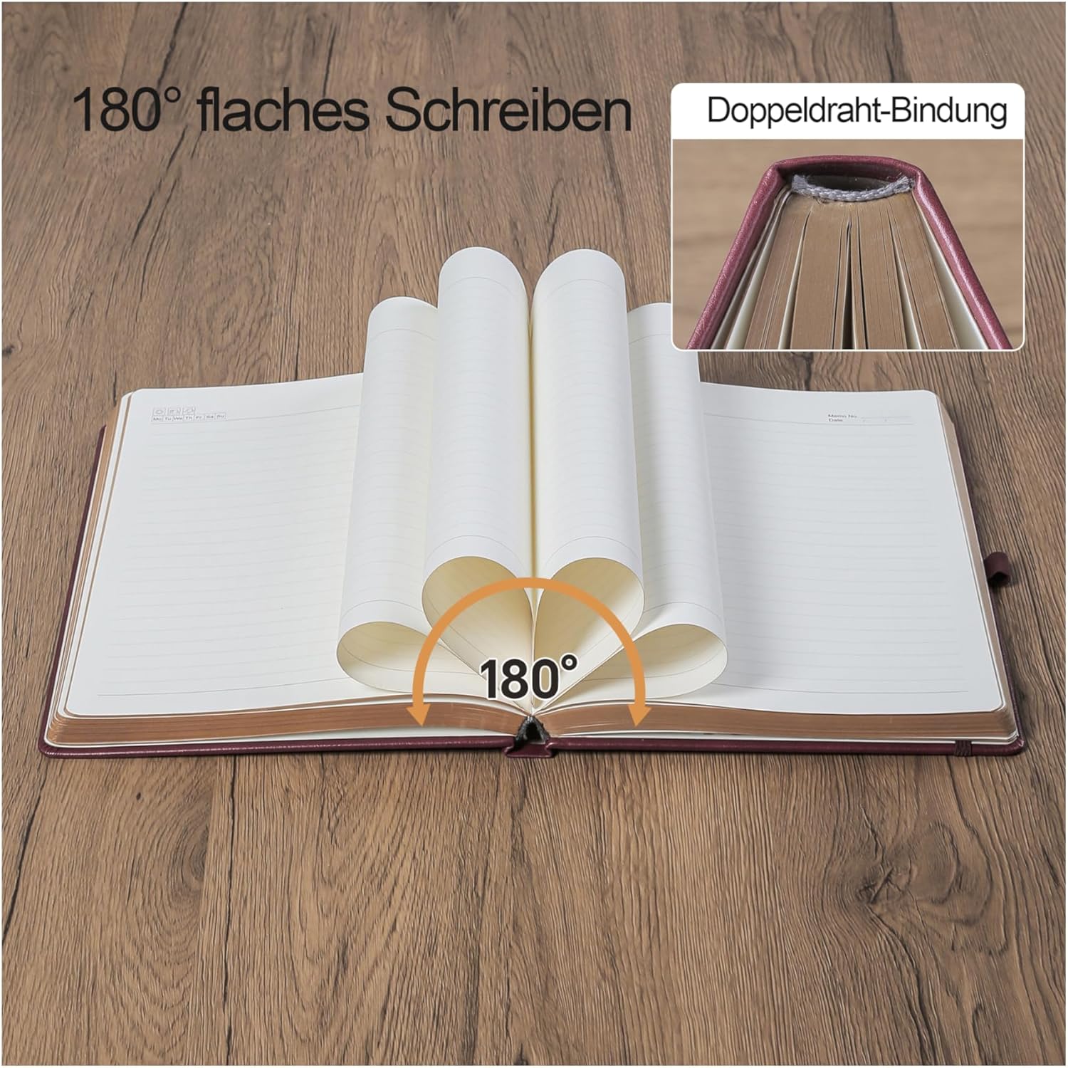 Thumbnail 3 de HwxBen Notizbuch 14,5 x 21 cm liniert mit 360 Seiten – Tagebuch im PU-Leder-Hardcover (Weinrot)