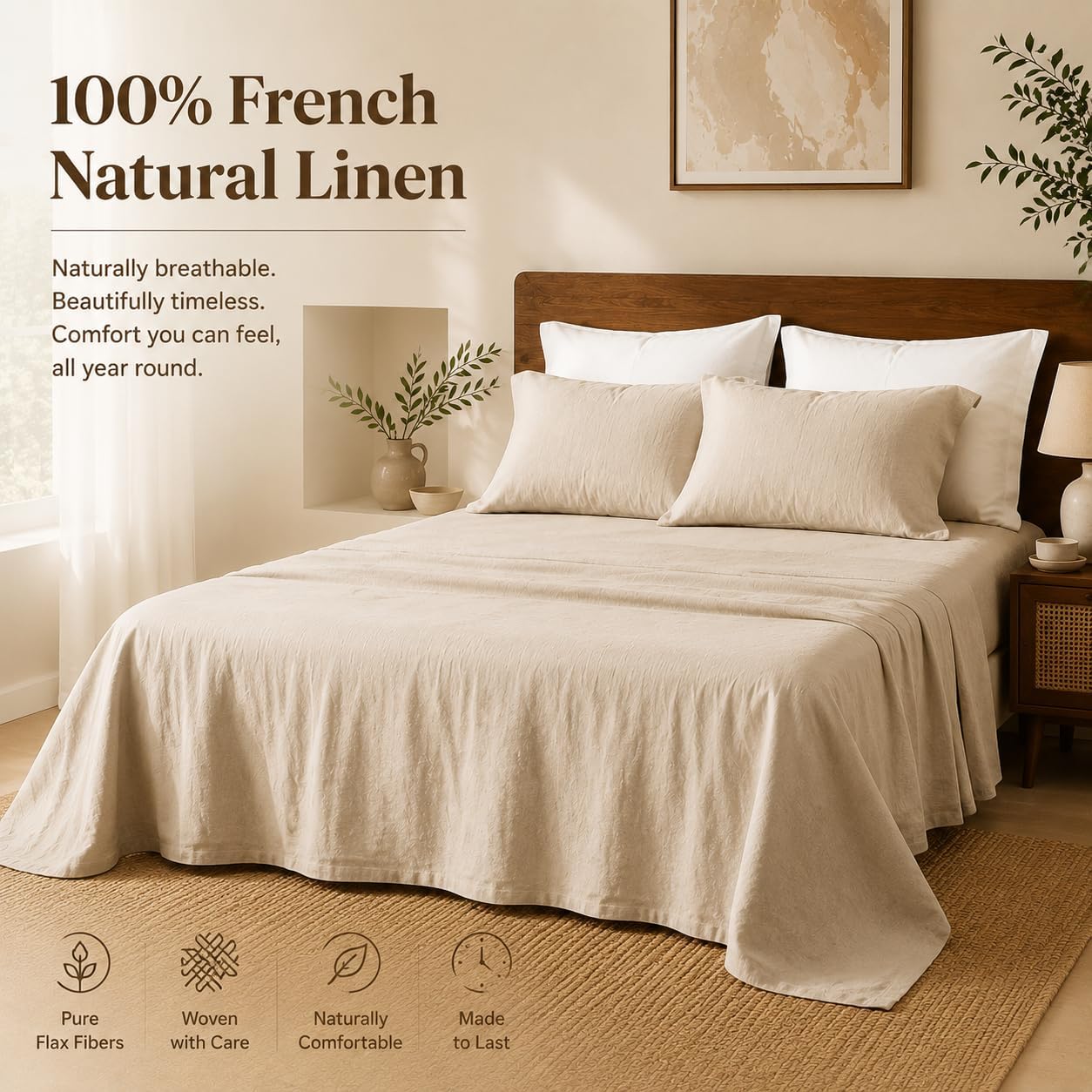 Detalle de MEISHANG 100% French Pure Linen Sheets Queen Size (4-Piece Set) with 16" Deep Pocket