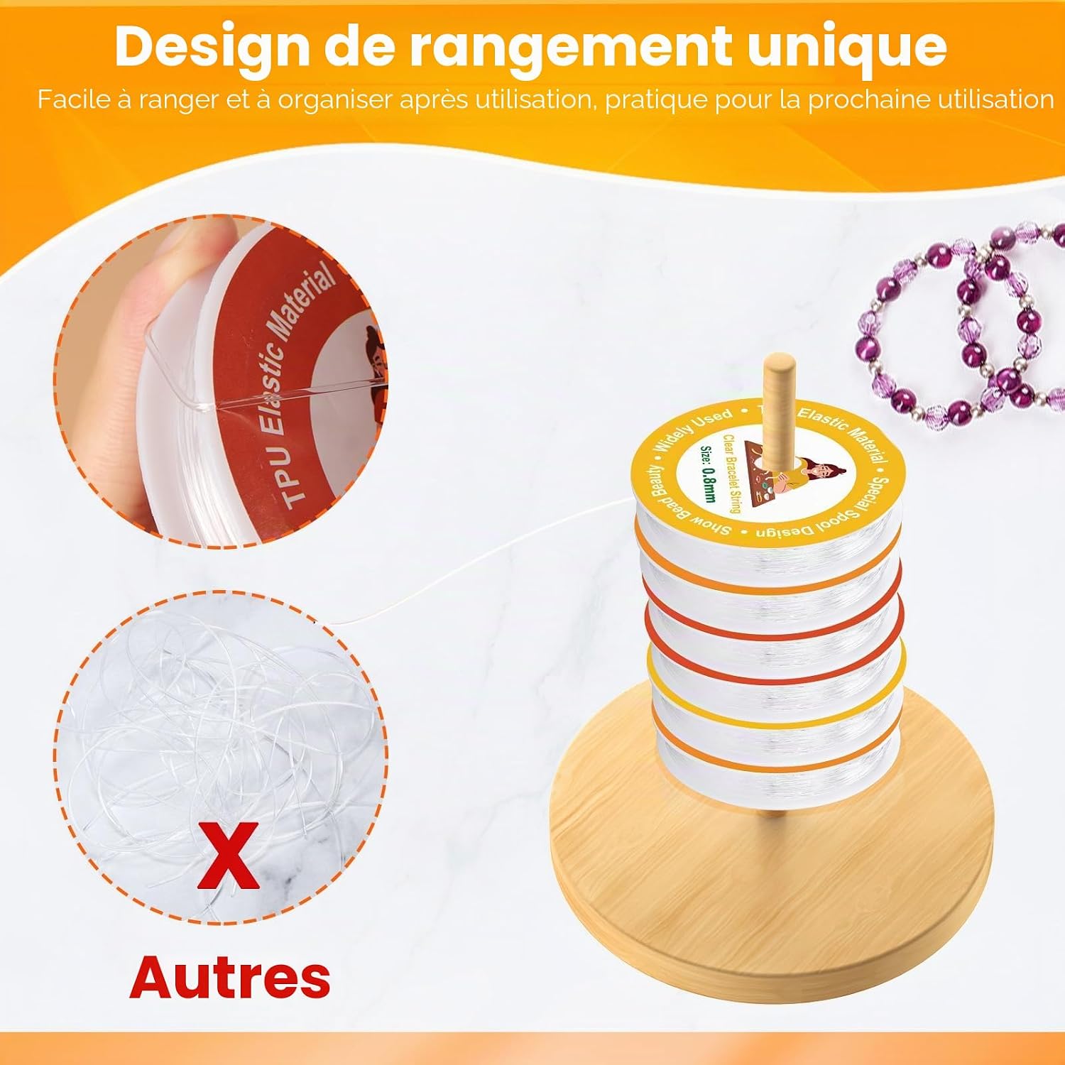 Detalle 2 de Alyvisun lot de 6 fils élastiques pour bracelets en perles (0,5 mm, 0,8 mm, 1 mm) TPU transparent