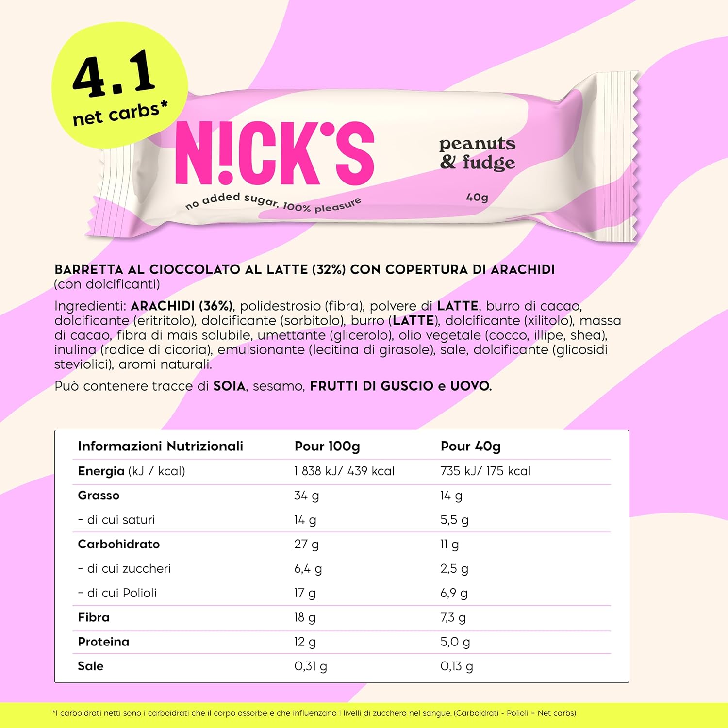 Thumbnail 2 de NICKS Keto Bar Peanuts n’ fudge: barrette al cioccolato al latte con arachidi e caramello, senza glutine (15x40 g)