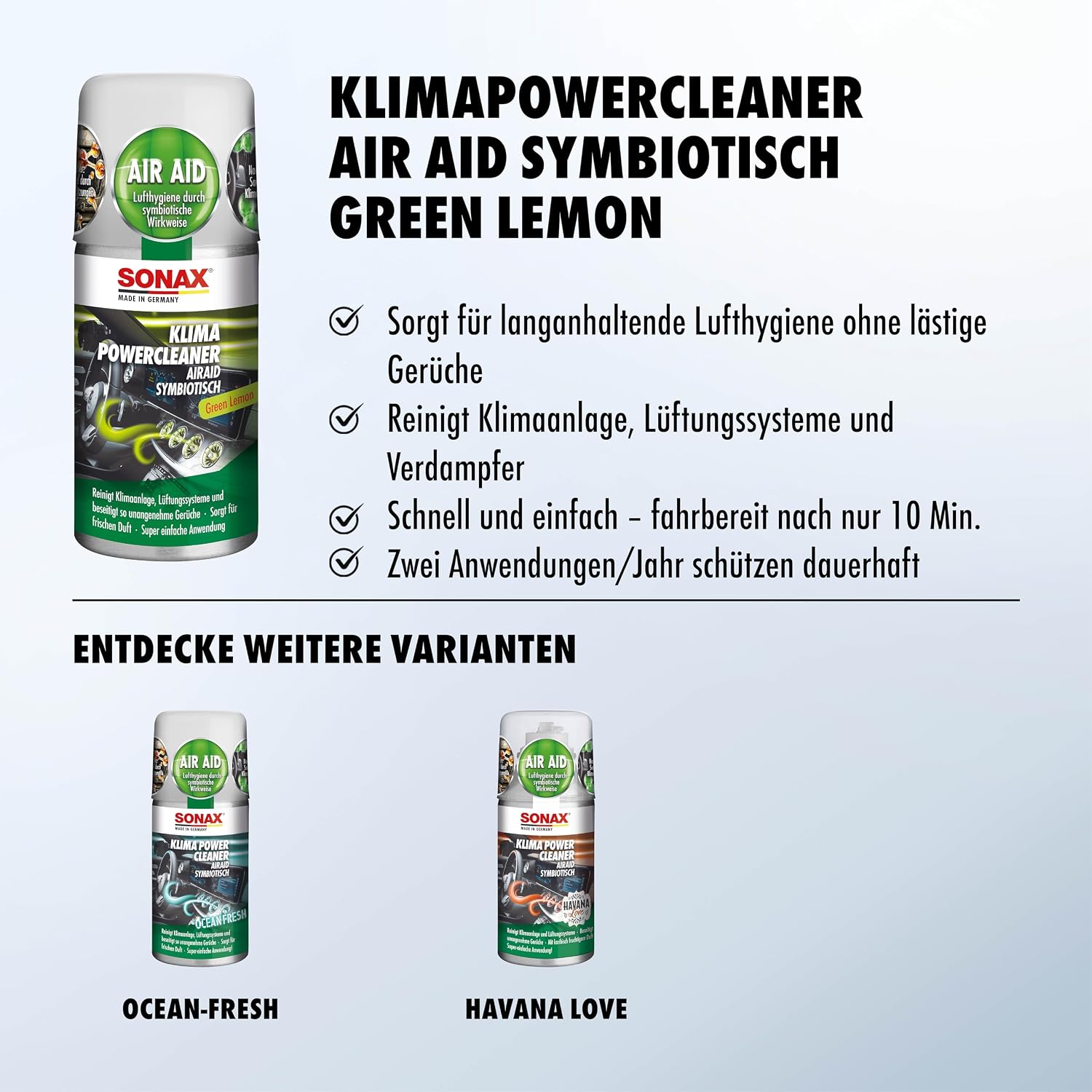 Detalle de SONAX KlimaPowerCleaner AirAid Klimaanlagenreiniger Green Lemon (100 ml) – langanhaltende Luft hygiene im Auto