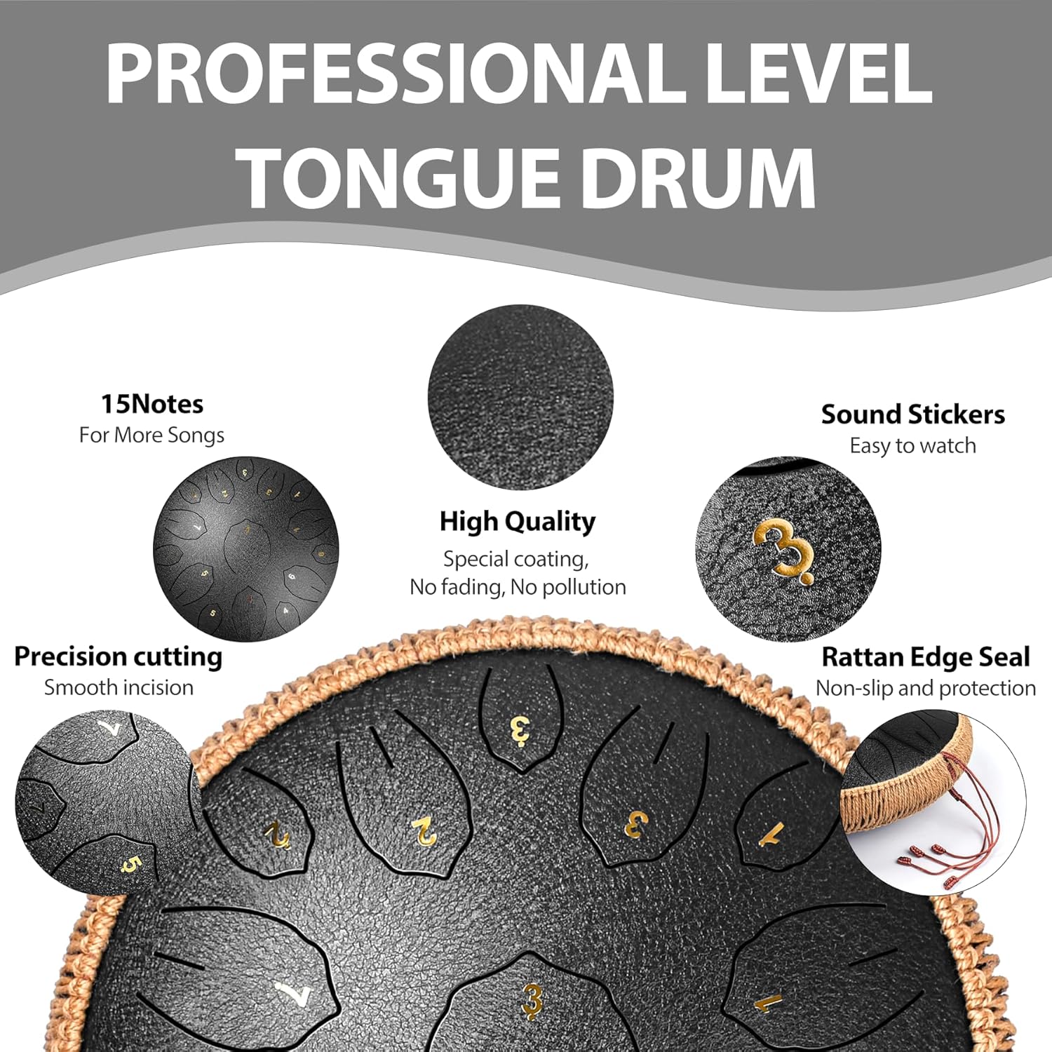 Detalle de Steel Tongue Drum 14 Inch, 15 Note (C Major) with Music Book, Mallets & Carry Bag