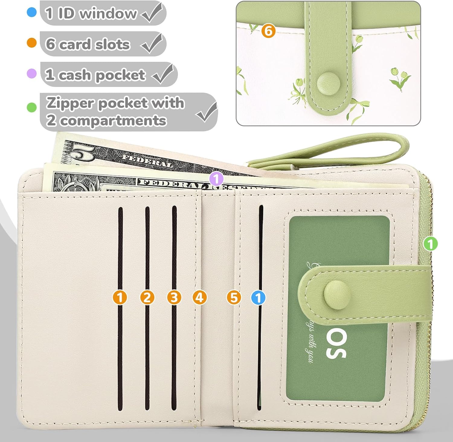Thumbnail 2 de Busnos Purses for Women: Green PU Leather Wallet with Card Holder, Coin Pocket and Bow Design