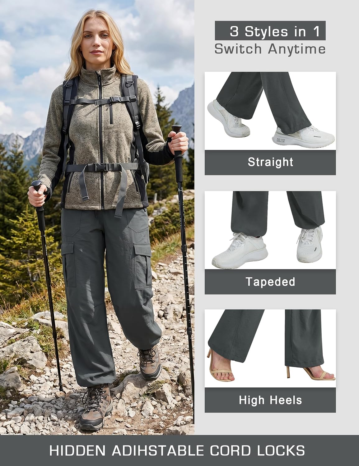 Detalle de KPSUN Women's Quick-Dry Cargo Hiking Pants, 8 Pockets, Adjustable Cuffs