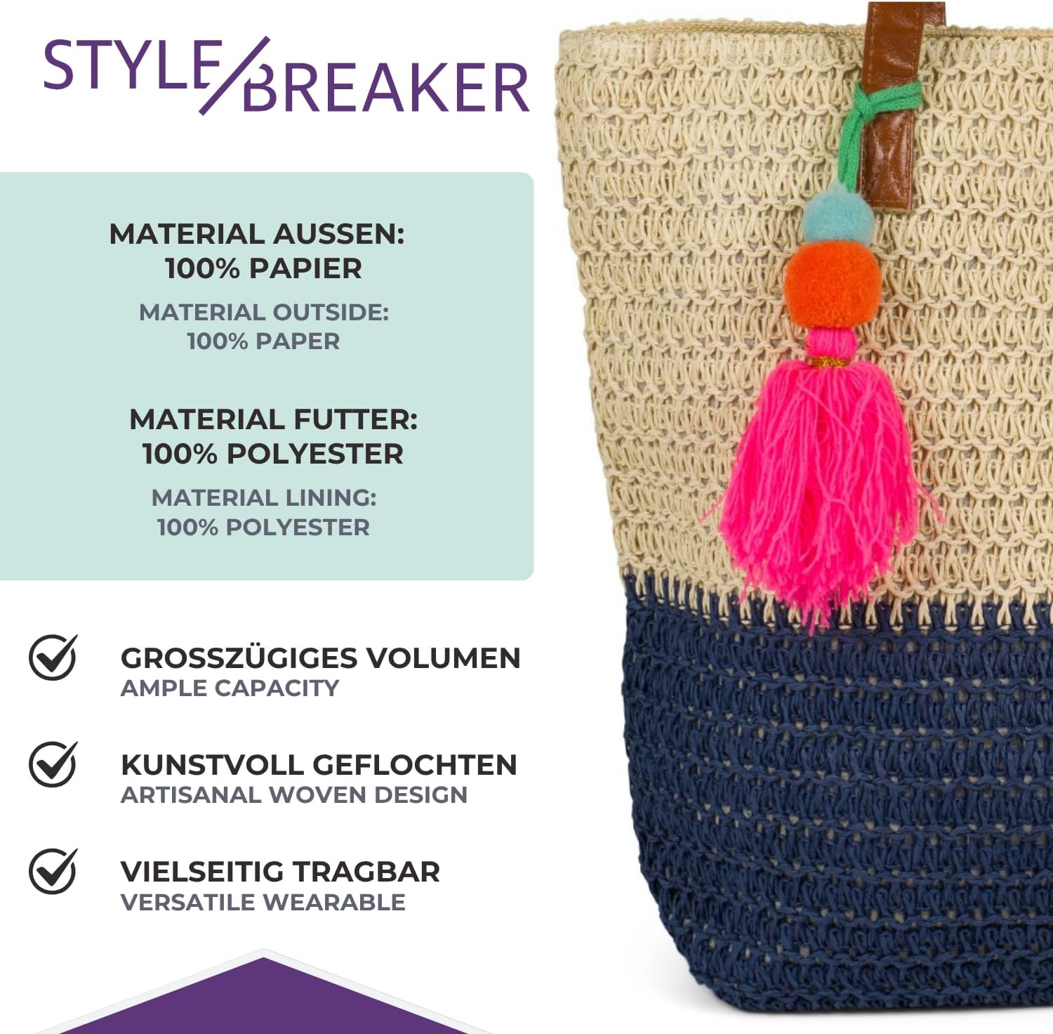 Thumbnail 3 de Borsa a spalla intrecciata styleBREAKER bicolore con manici lunghi — borsa da spiaggia/ shopper