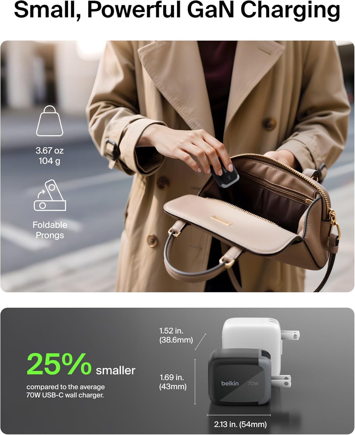 Thumbnail 2 de Belkin 70W GaN 3-Port USB-C Charger Block (2x USB-C, 1x USB-A) for Fast Charging