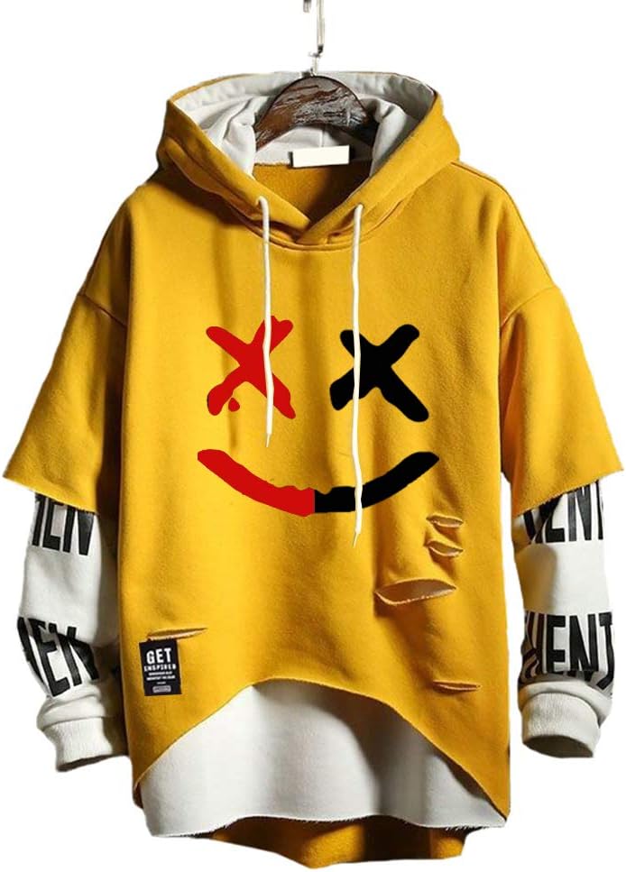 Detalle de Hello MrLin men’s techwear hip hop hoodie with patchwork and 3D printed smiley