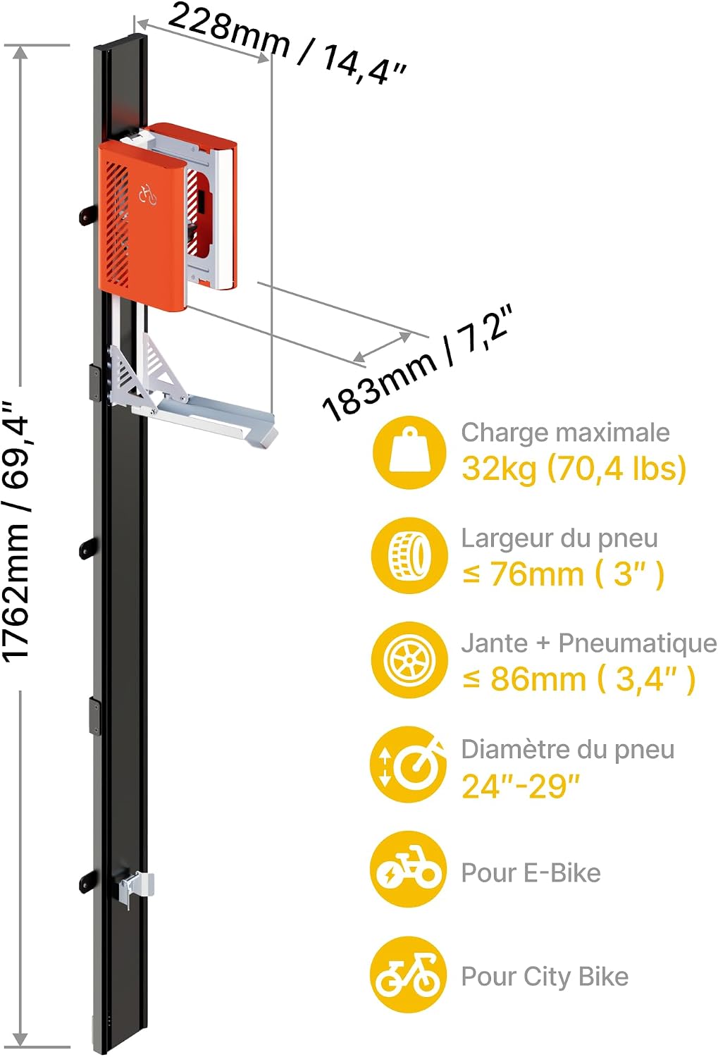 Detalle de monTEK DE-DS-VA1009OR automatische fietsendrager voor 24-29 inch, tot 32 kg