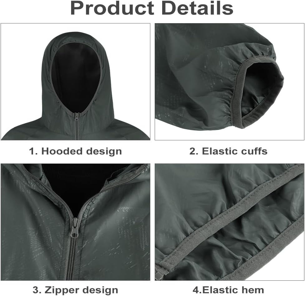 Detalle de BSBUY Regenjacke Faltbar Wasserdichte, Sonnenschutzmantel – Leichte Allwetter-Jacke für Outdoor, Grau, M-XL