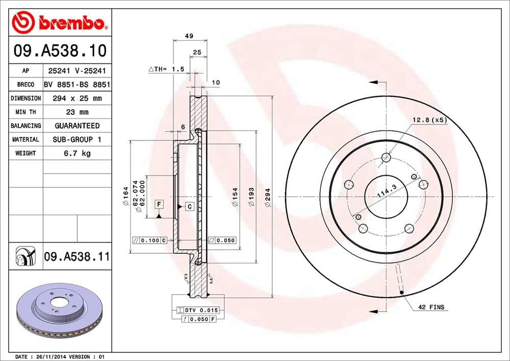 Detalle 2 de Brembo 09.A538.11 front brake rotor