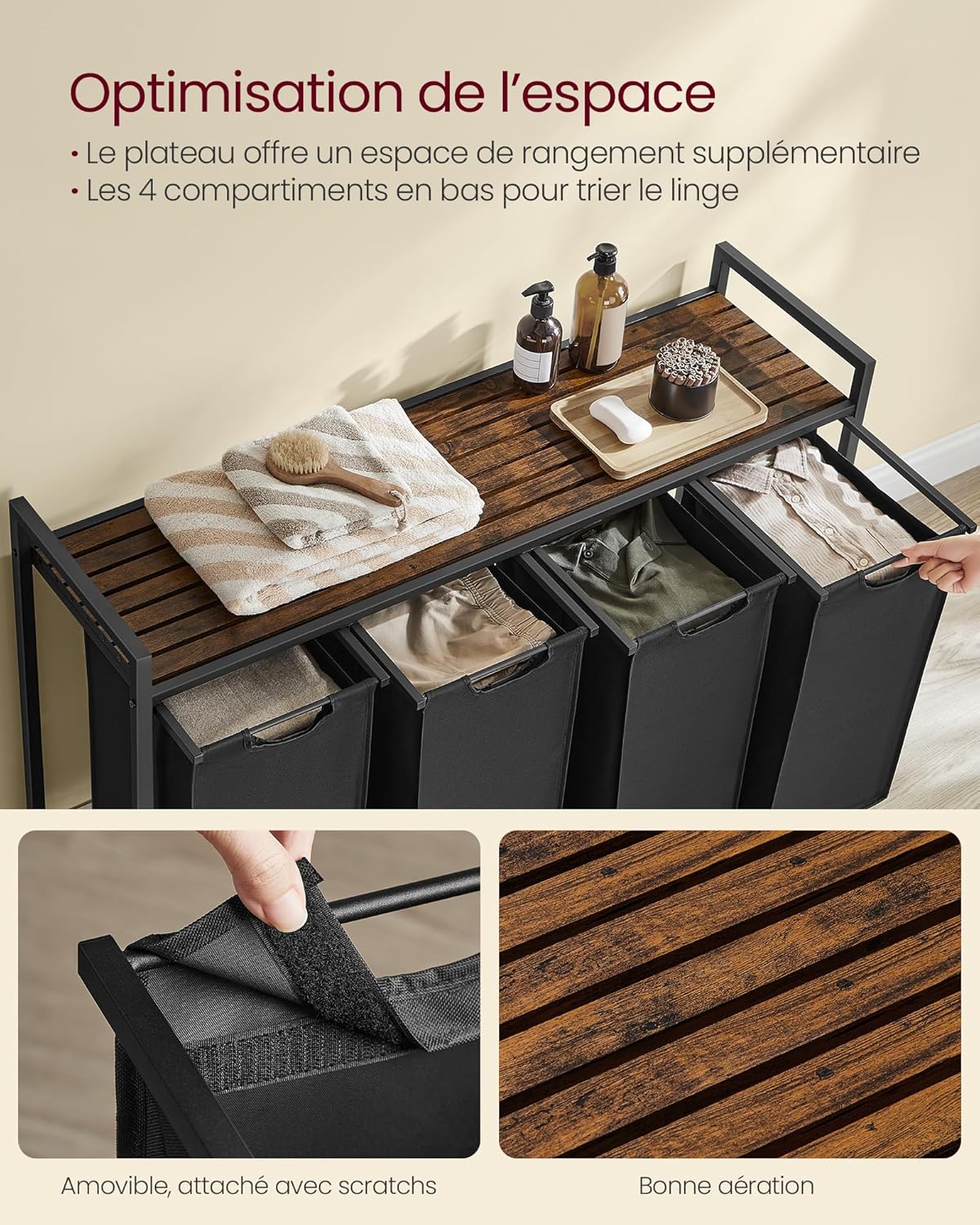 Thumbnail 2 de VASAGLE Panier à Linge 4 Compartiments