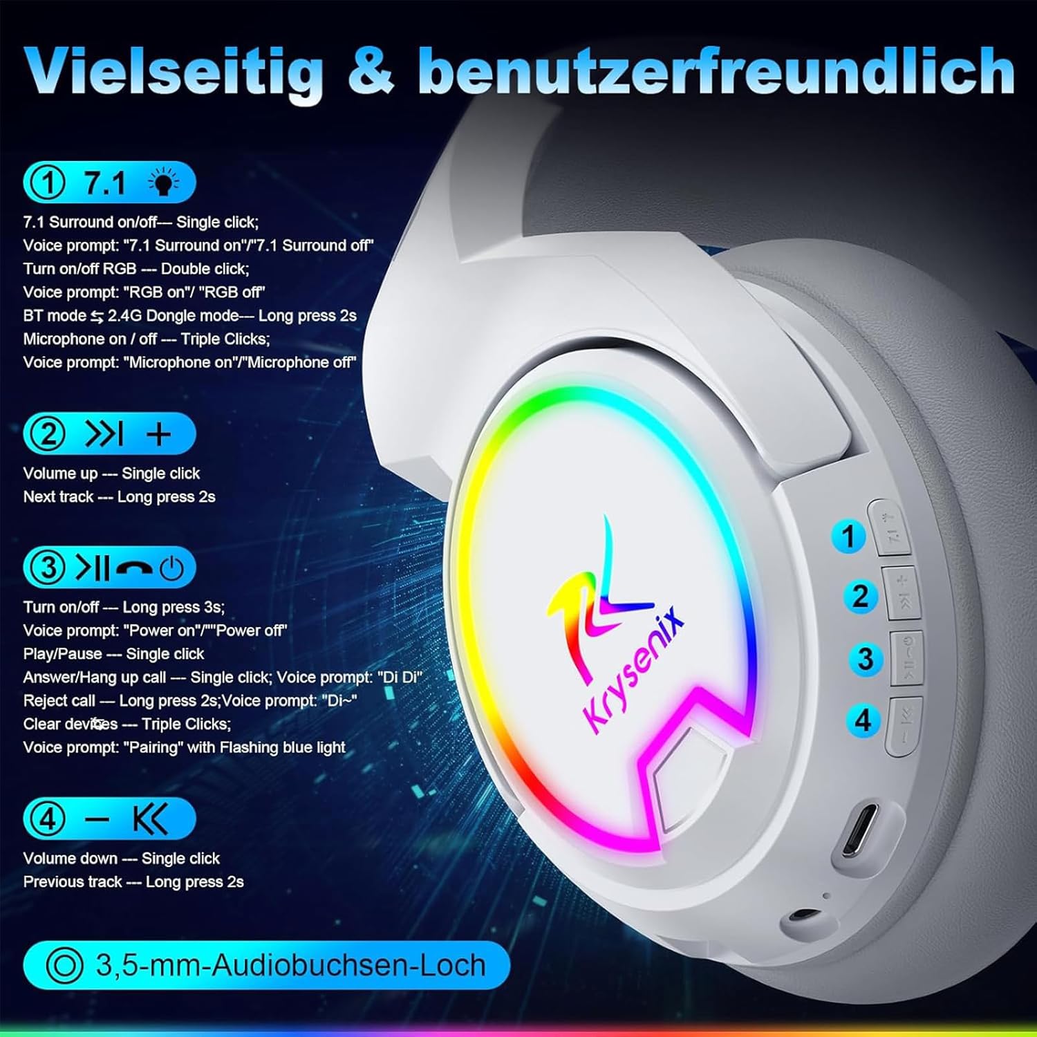 Thumbnail 5 de Krysenix PG4 Wireless Gaming Headset: 2.4GHz low-latency, 7.1 surround for PS5/PS4/PC