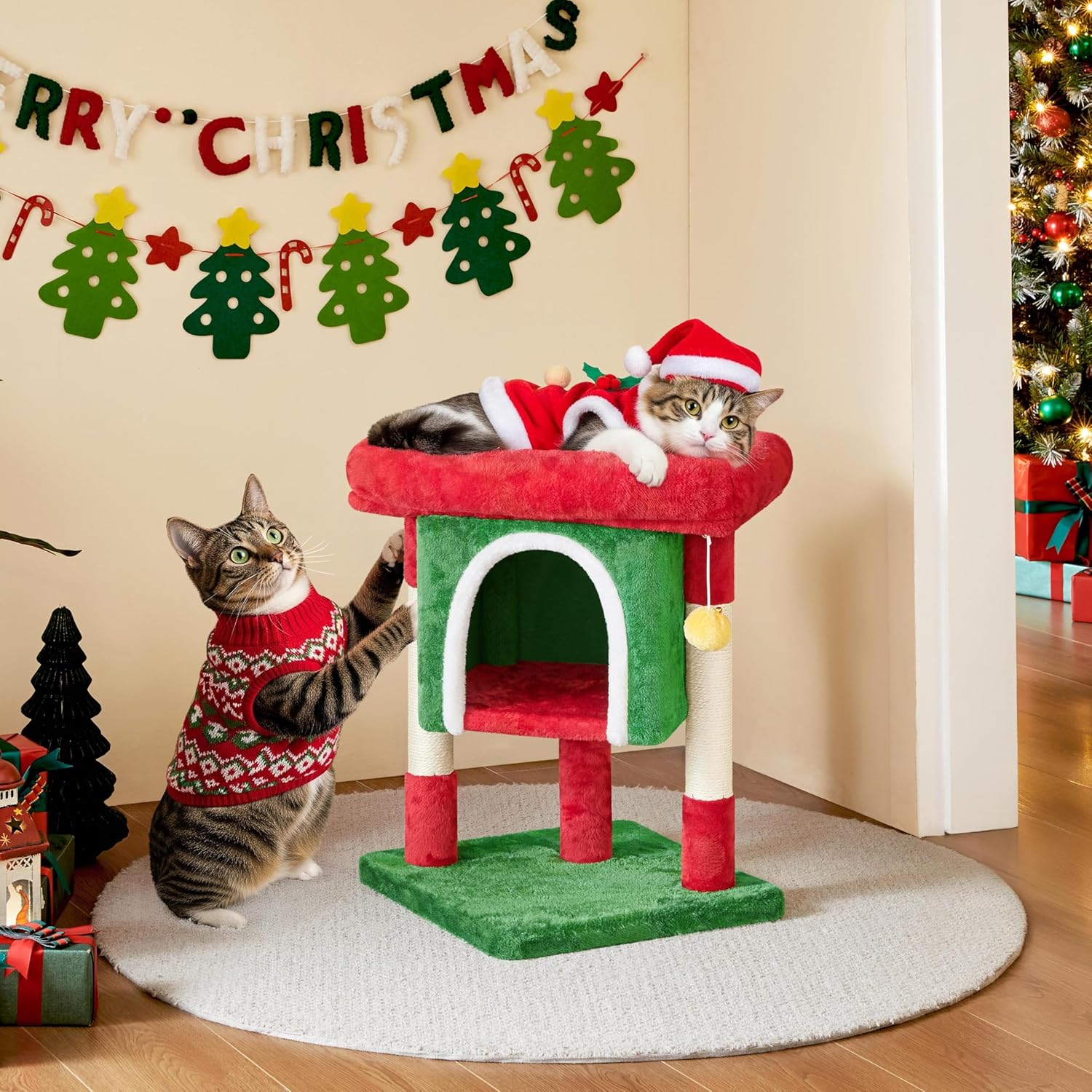 Thumbnail 1 de Yaheetech Christmas Themed Cat Tree Tower for Kittens (Red/Green) with Scratch Post, Plush Condo & Dangling Ball