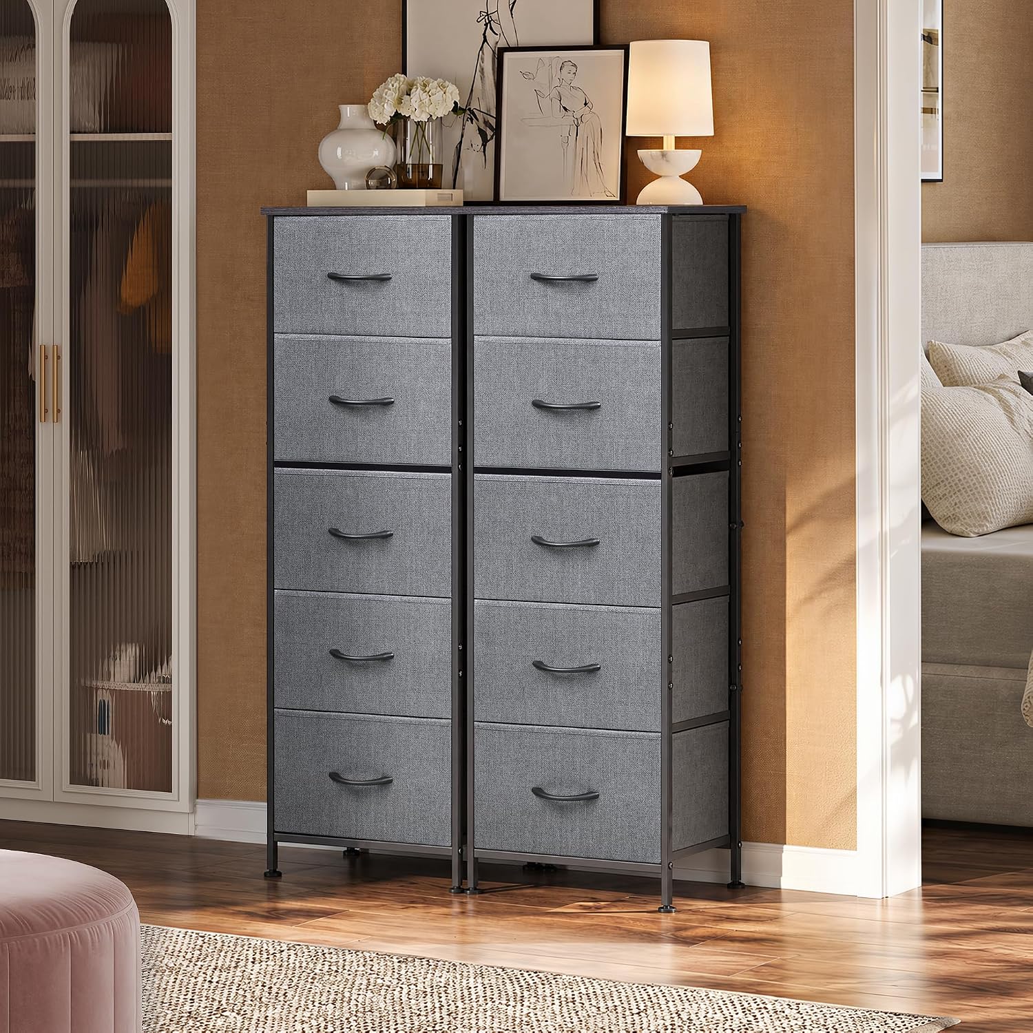 Detalle de WLIVE ASNG090HH Tall Fabric Dresser, 5 Drawers, Dark Gray
