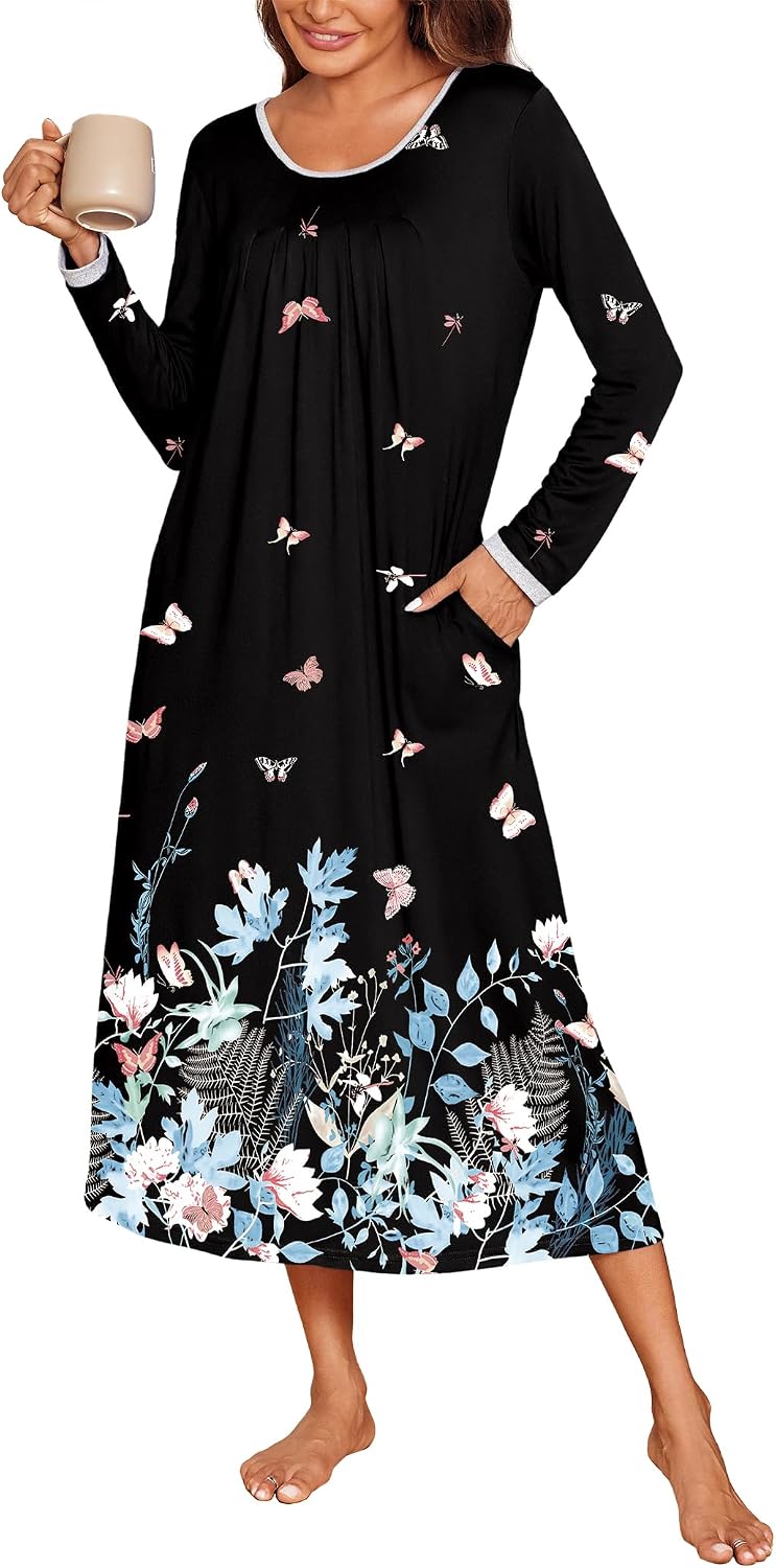 Detalle de Ekouaer Long Nightgown for Women, Full-Length Long-Sleeve Sleep Dress