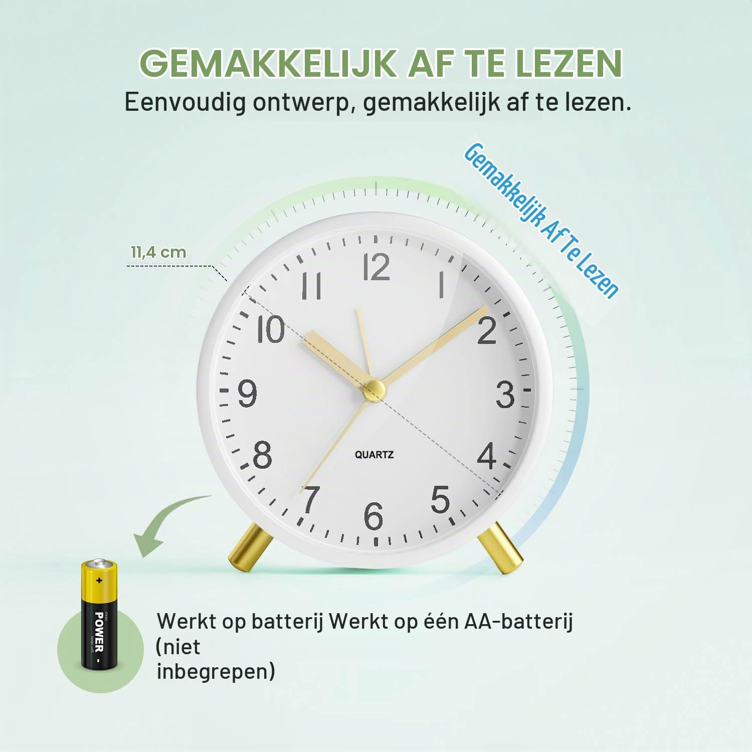 Detalle 2 de Azxb analoge wekker met stille werking, nachtlampje en ronde metalen behuizing