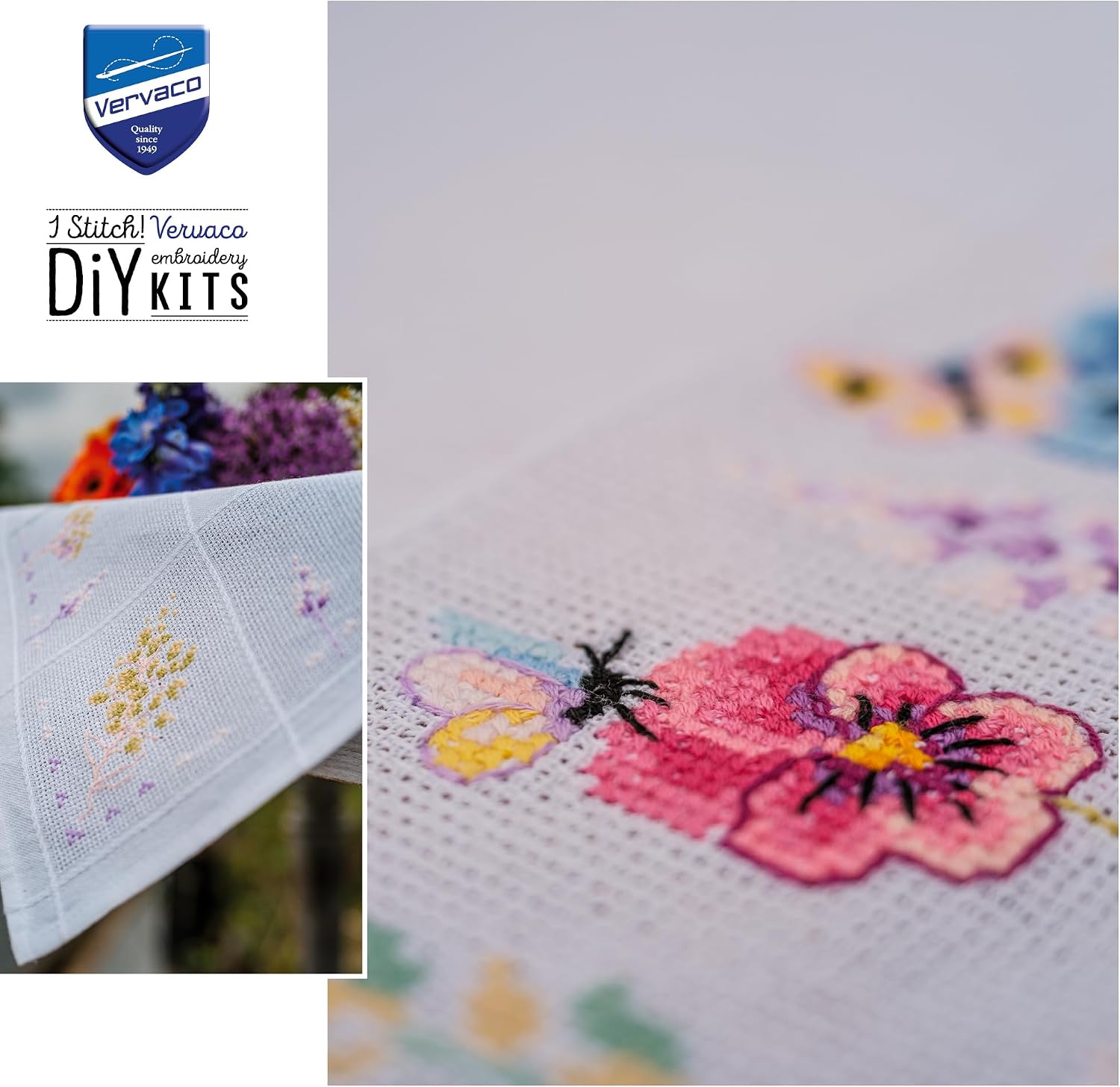 Detalle de VERVACO FIOŁKI – zestaw do haftu krzyżykowego obrusu 80 × 80 cm