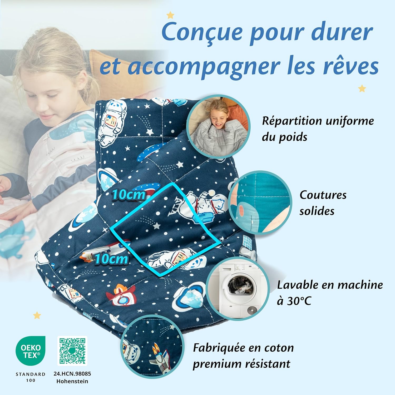 Thumbnail 5 de Ella Couverture lestée enfant 3,2 kg 100x150 cm – couverture apaisante avec perles de verre hypoallergéniques