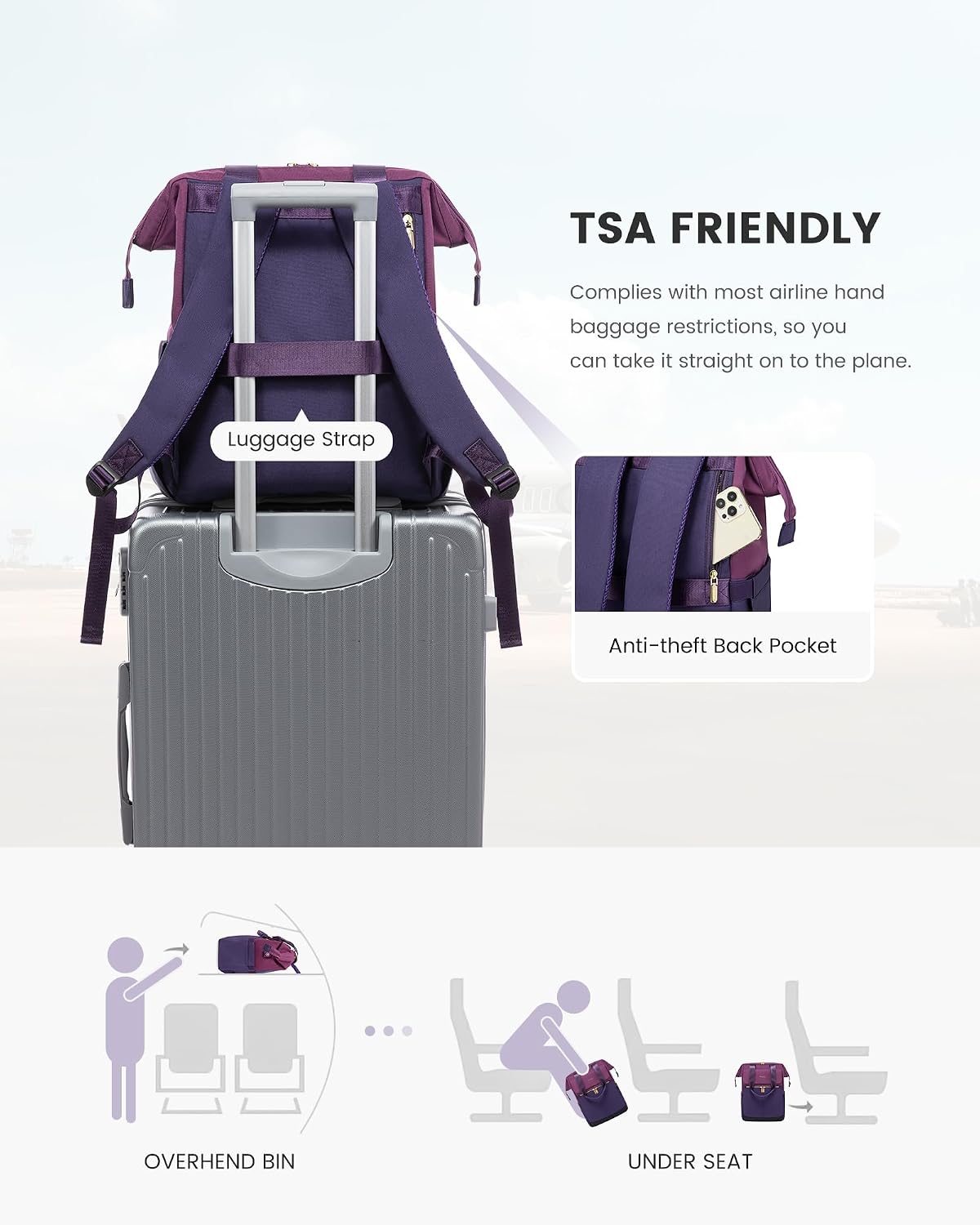 Detalle de LOVEVOOK Purple backpack with 15.6-inch laptop space