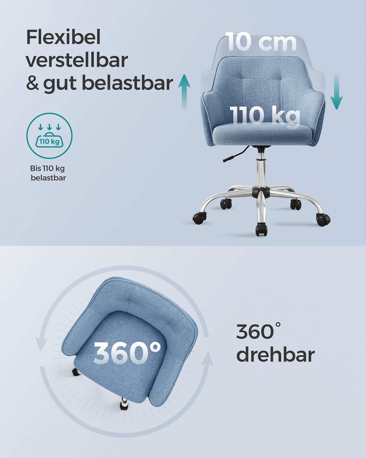 Thumbnail 6 de SONGMICS Homeoffice Stuhl OBG019Q01 – höhenverstellbarer Drehstuhl, blau, 110 kg Belastbarkeit