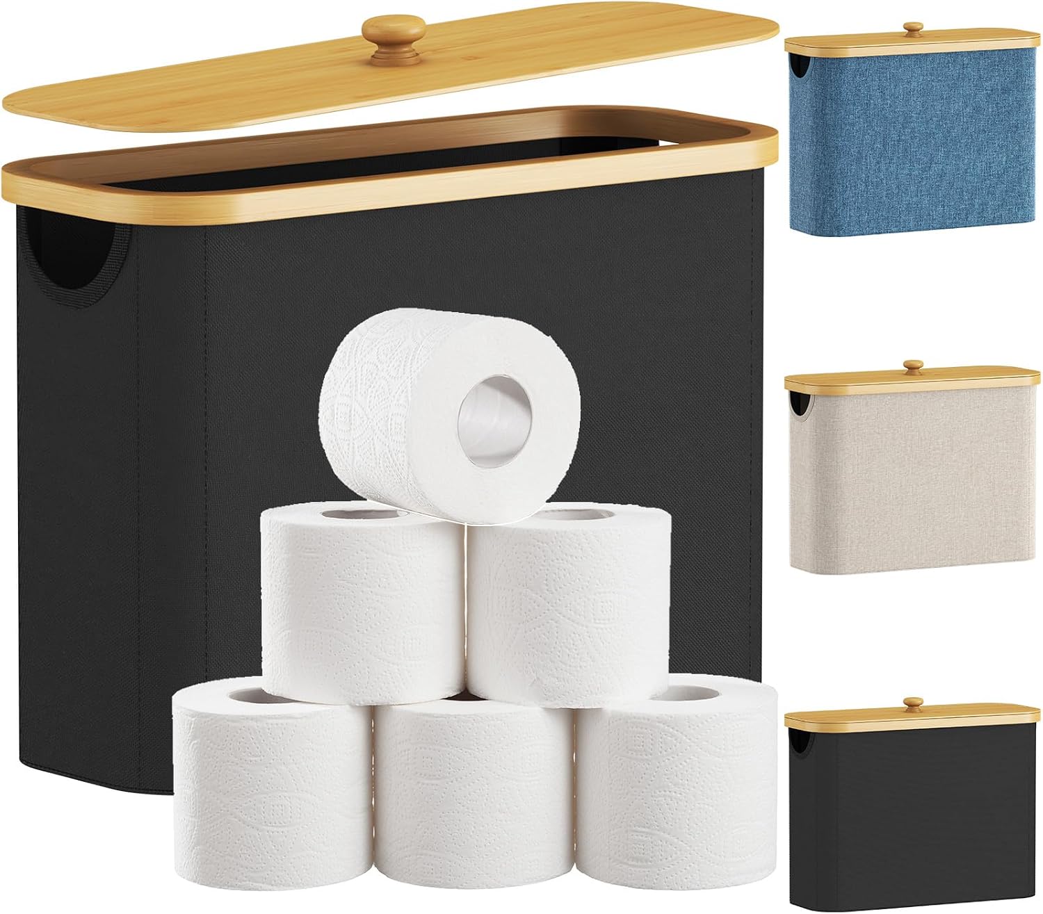 Detalle de Lifewit 23225 toiletpapiermand van bamboe, 23L, zwart met deksel