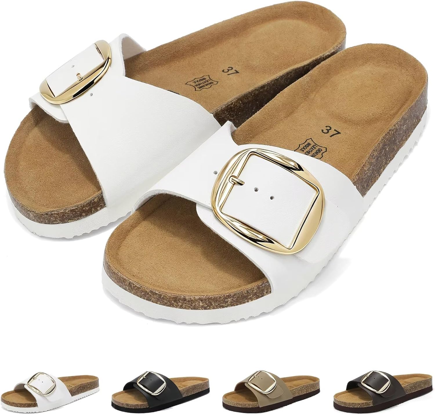 Detalle de Wizshoe Pantoletten Damen Leder mit Verstellbarer Schnalle – Memory-Foam Komfort, Arch Support und rutschfeste Sohle