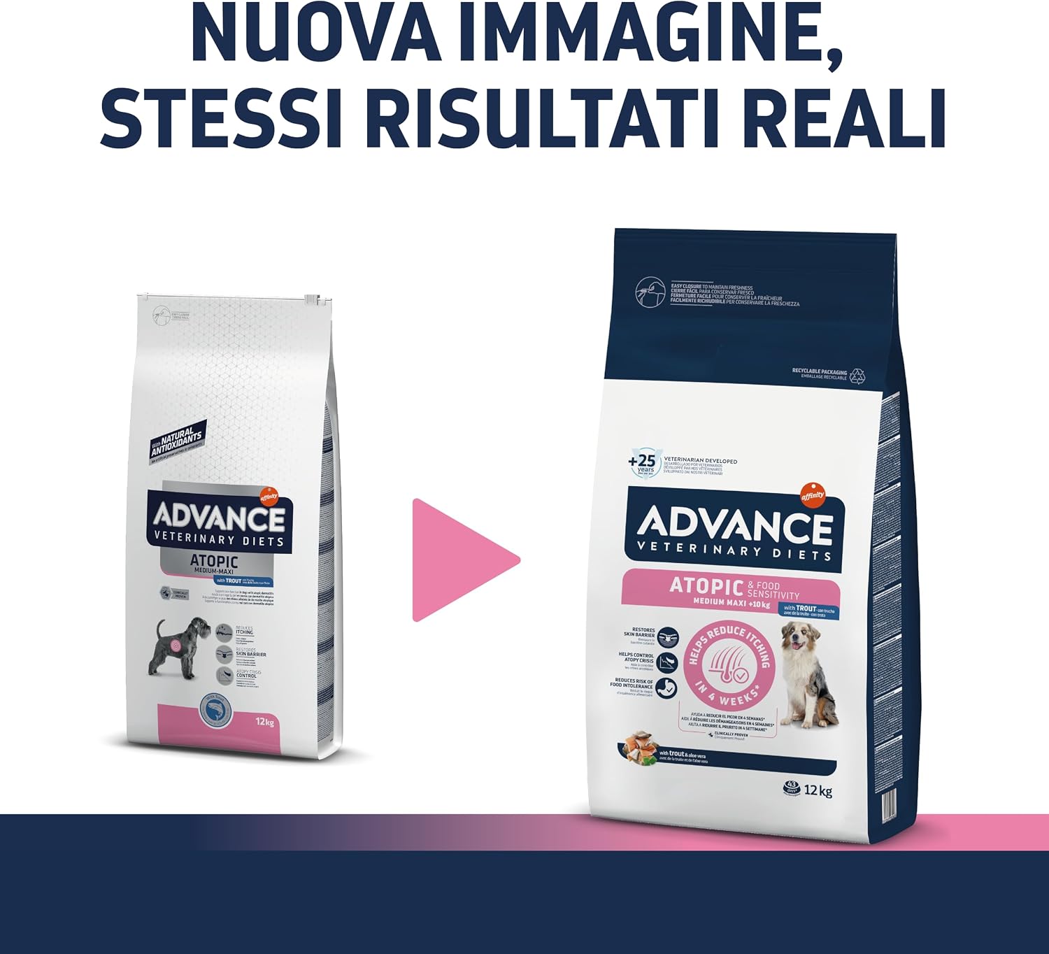 Detalle 2 de Advance Veterinary Diets Atopic Medium-Maxi: Cibo veterinario per cani con dermatite atopica (trota e patate) – 12 kg