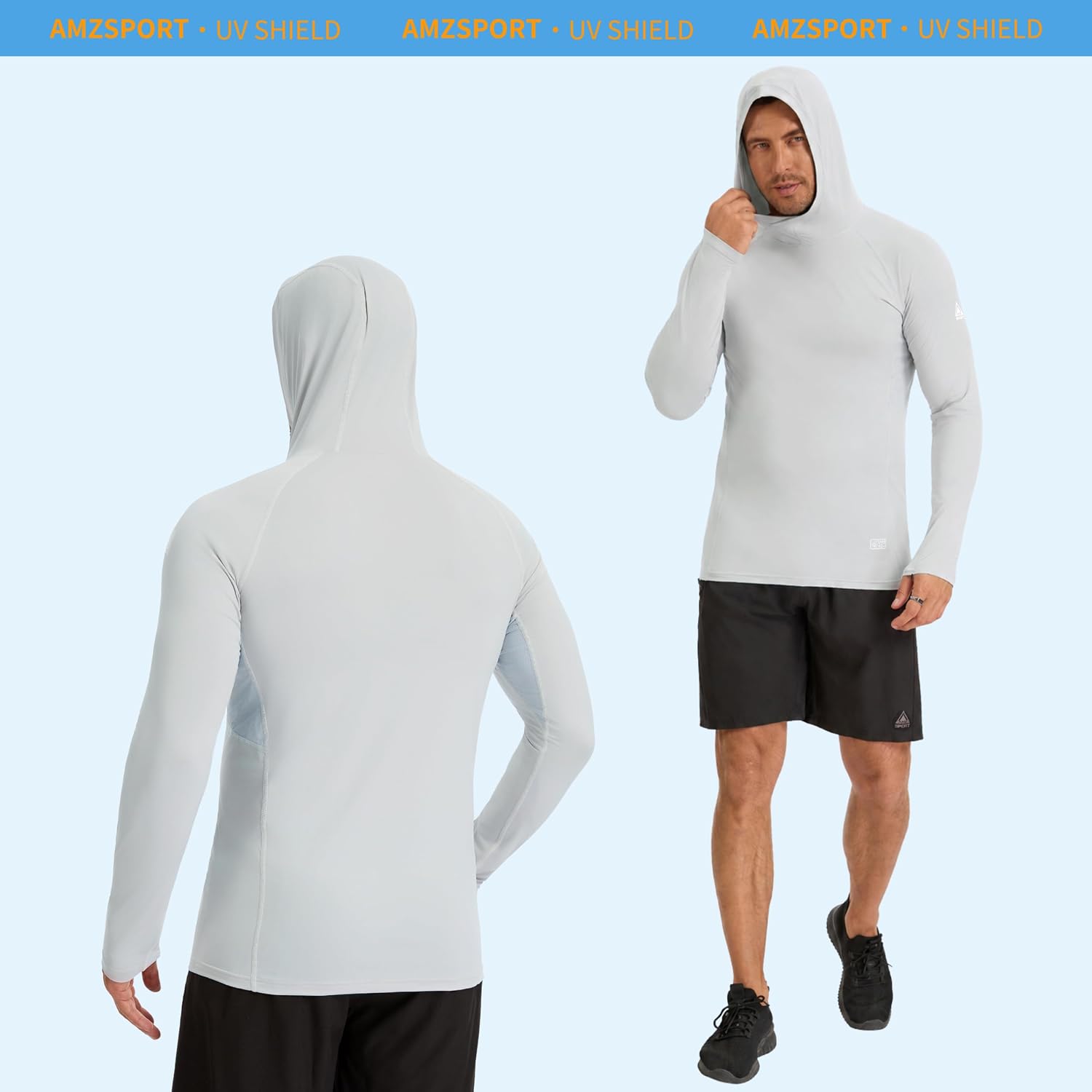 Detalle de AMZSPORT Felpa Uomo con Cappuccio UPF 50: Protezione UV Rashguard a Maniche Lunghe per Pesca, Escursionismo e Outdoor