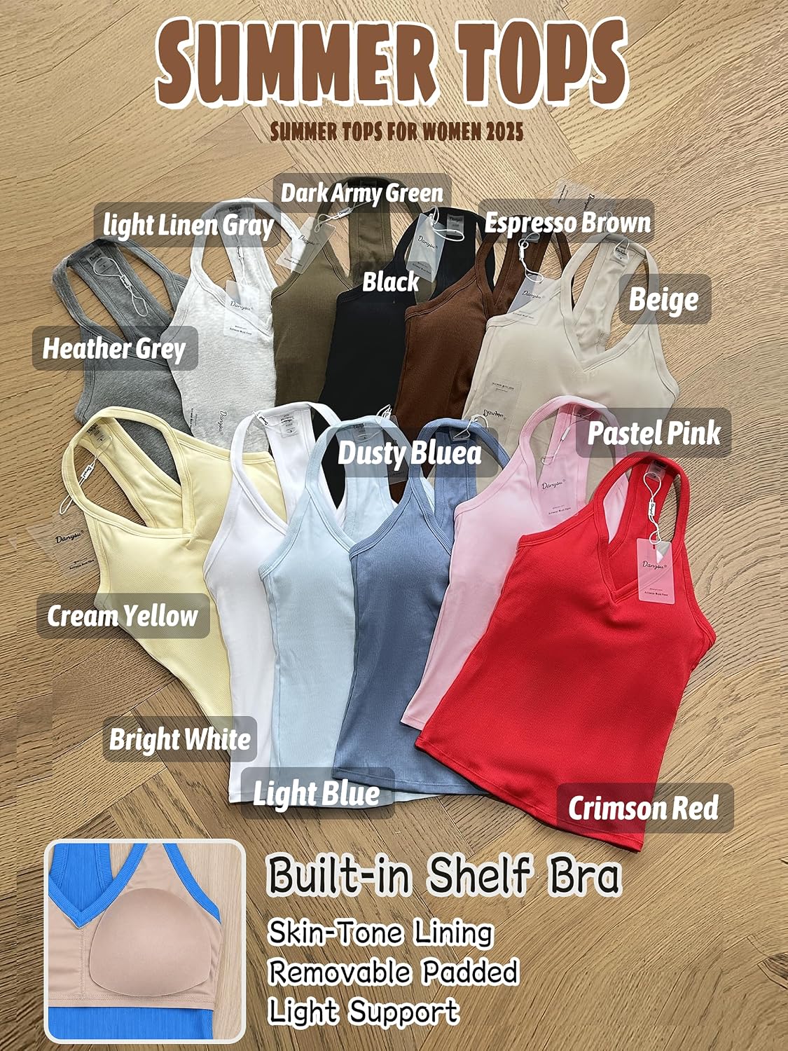 Detalle de Danysu V-Neck Cotton Tank Tops with Built-In Shelf Bra (Racerback Camisole)